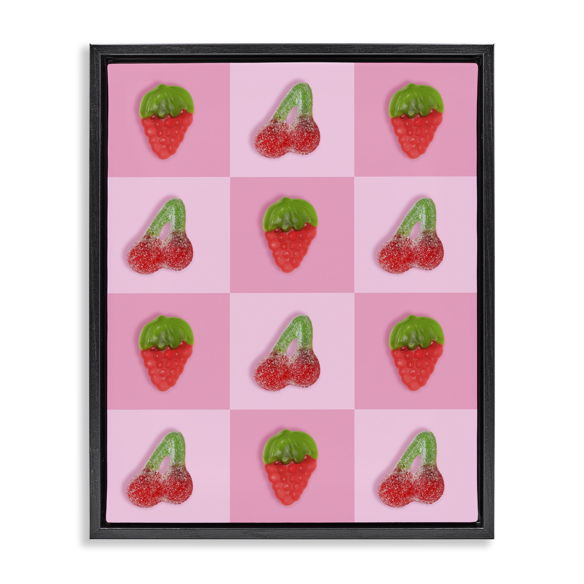 Stupell Industries Gummy Strawberry and Cherry Checkerboard Black Framed Floater Canvas Wall Art, design by LISH Creative