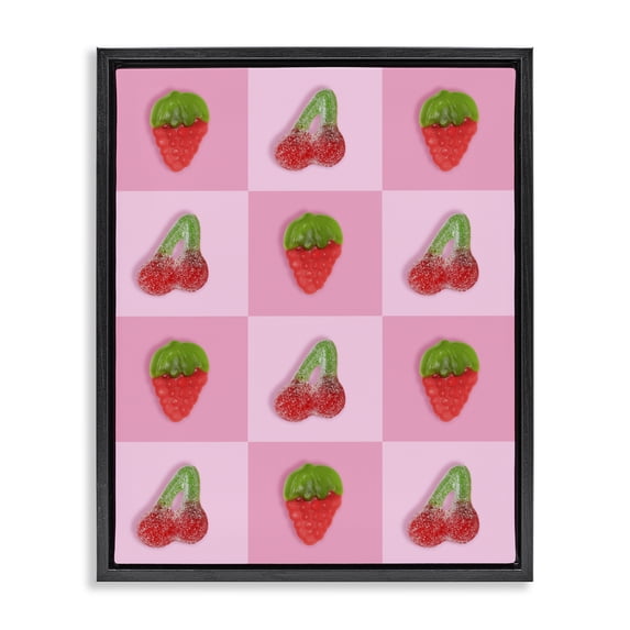 Stupell Industries Contemporary Gummy Strawberry and Cherry Checkerboard Black Floating Frame Canvas Art, 25 x 31, by LISH Creative