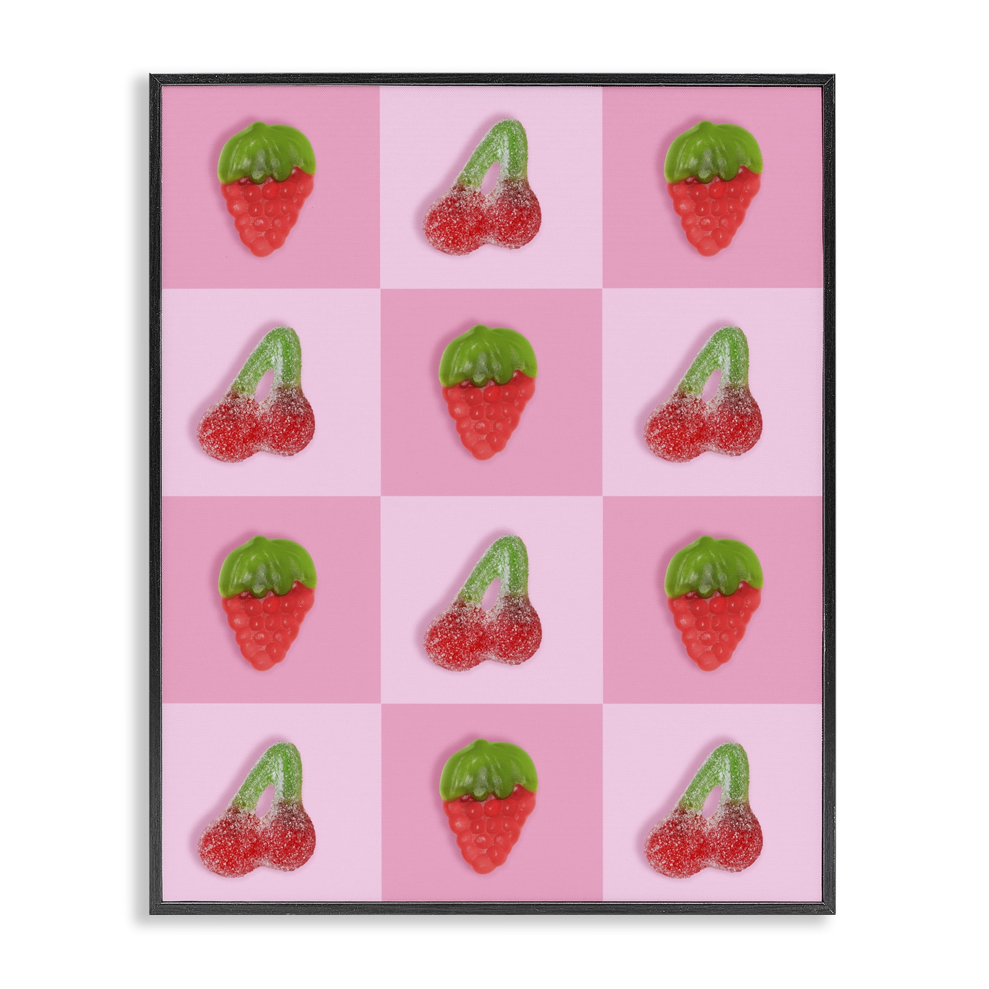 Stupell Industries Gummy Strawberry and Cherry Checkerboard Black Framed Giclee Art, design by LISH Creative