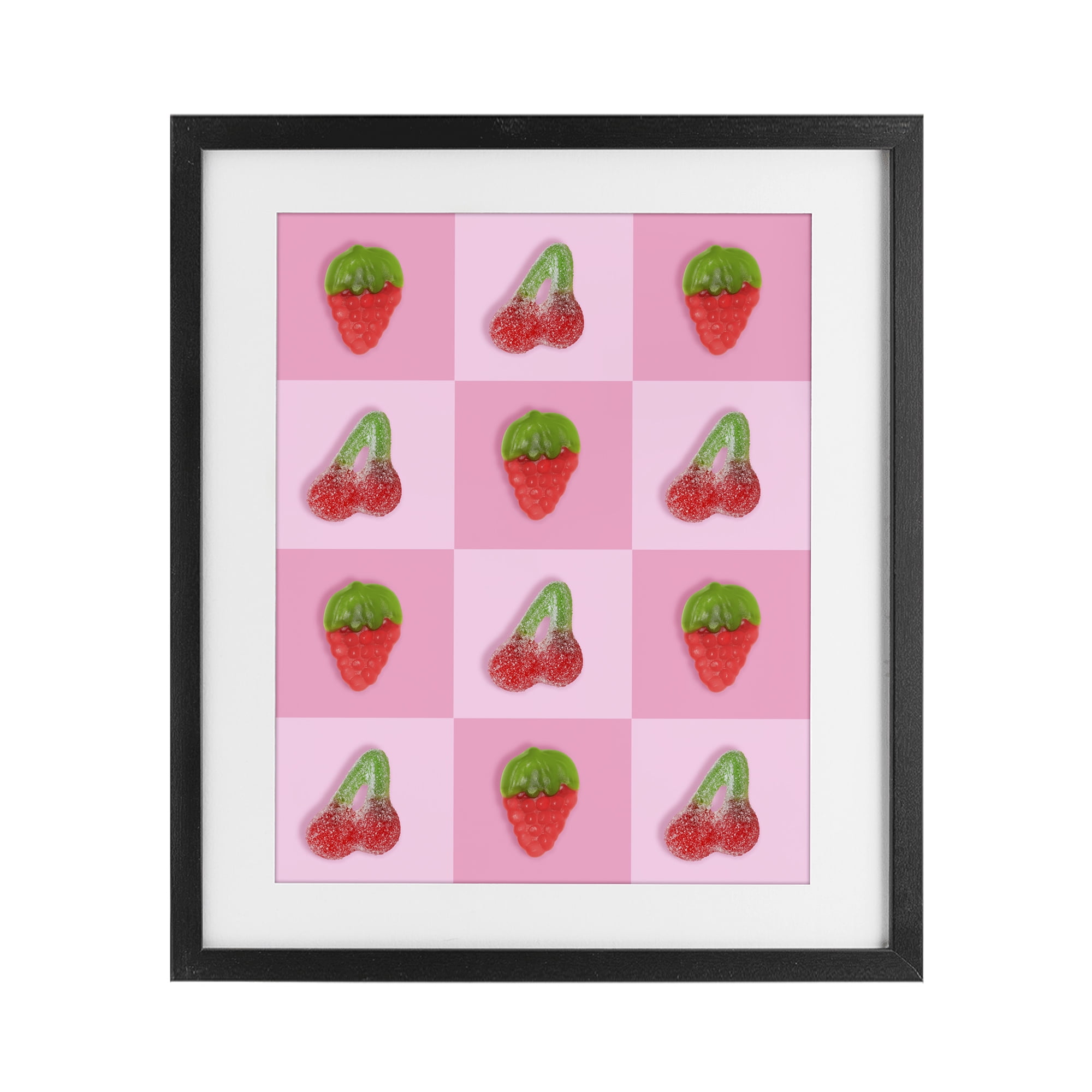 Stupell Industries Gummy Strawberry and Cherry Checkerboard Black Framed Print Under Glass, design by LISH Creative