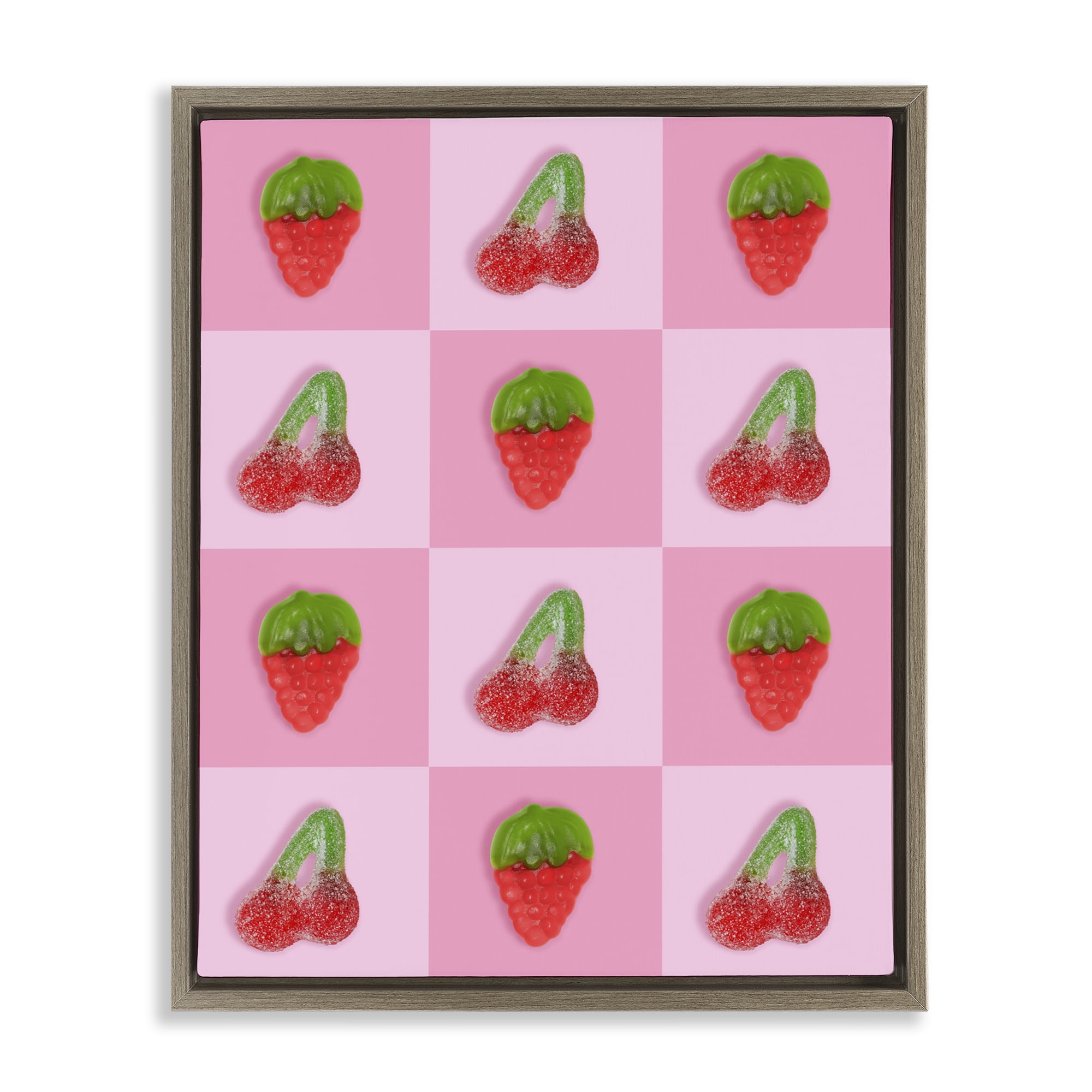 Stupell Industries Gummy Strawberry and Cherry Checkerboard Brown Framed Floater Canvas Wall Art, design by LISH Creative