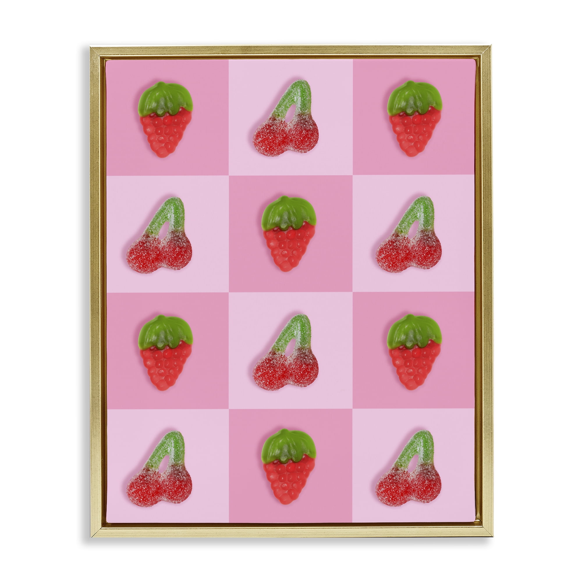 Stupell Industries Gummy Strawberry and Cherry Checkerboard Gold Framed Floater Canvas Wall Art, design by LISH Creative