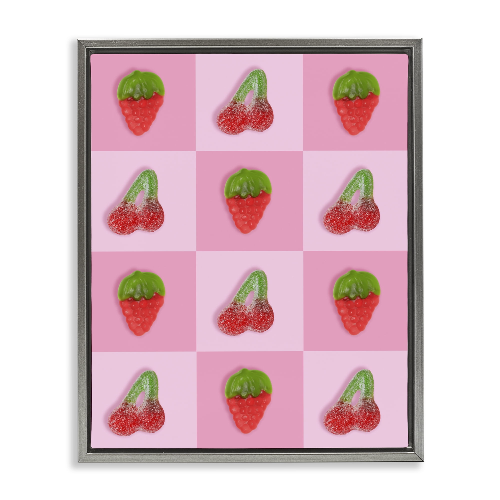 Stupell Industries Gummy Strawberry and Cherry Checkerboard Gray Framed Floater Canvas Wall Art, design by LISH Creative