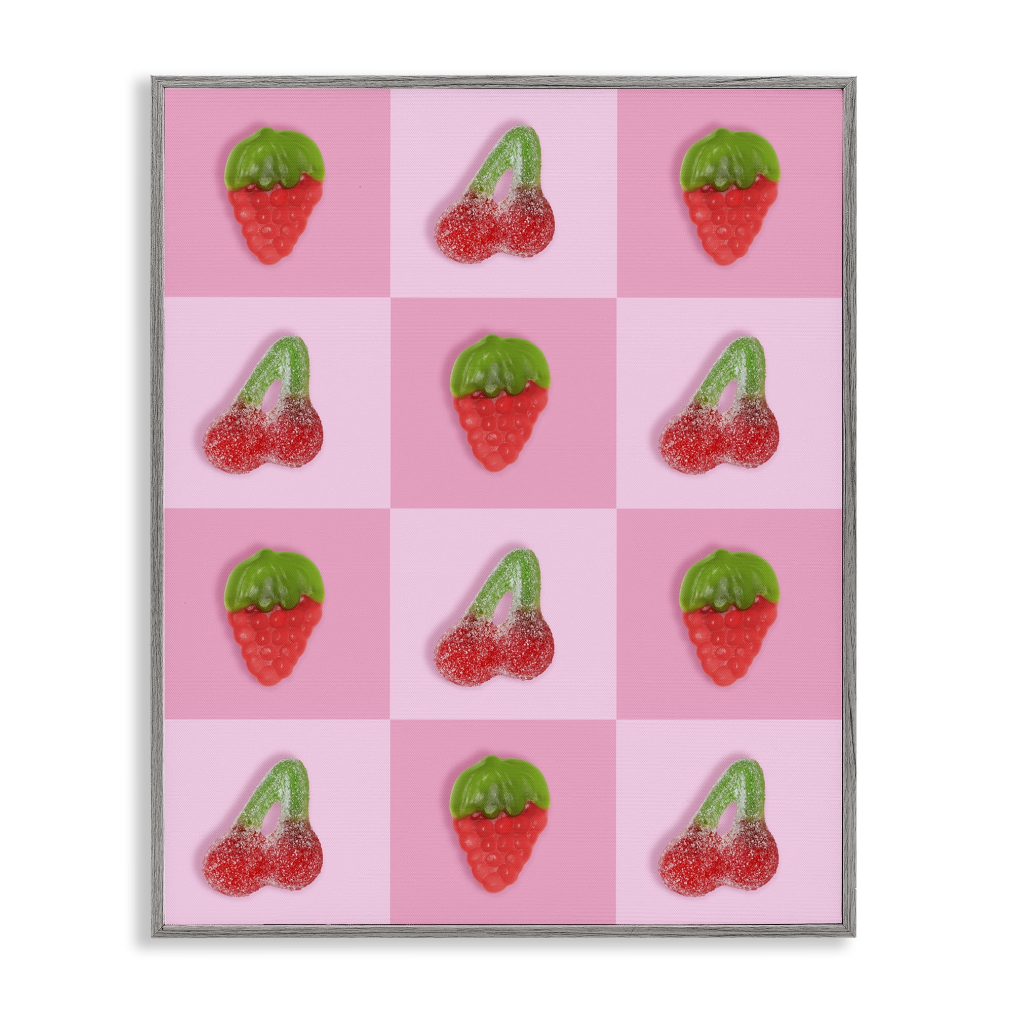 Stupell Industries Gummy Strawberry and Cherry Checkerboard Gray Framed Giclee Art, design by LISH Creative