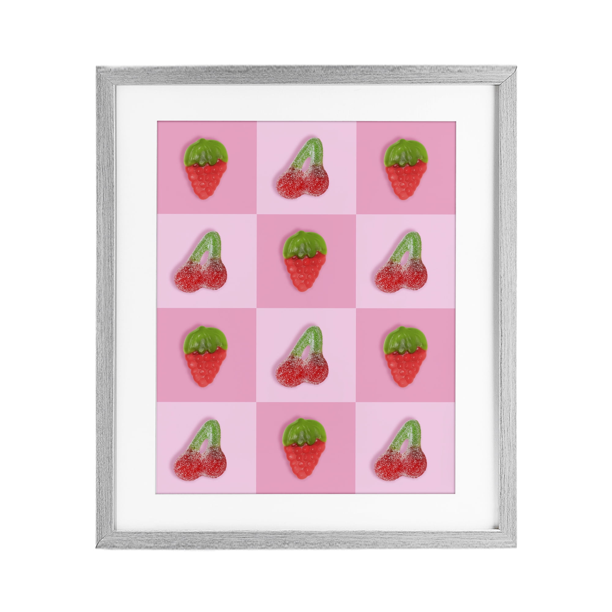 Stupell Industries Gummy Strawberry and Cherry Checkerboard Gray Framed Print Under Glass, design by LISH Creative