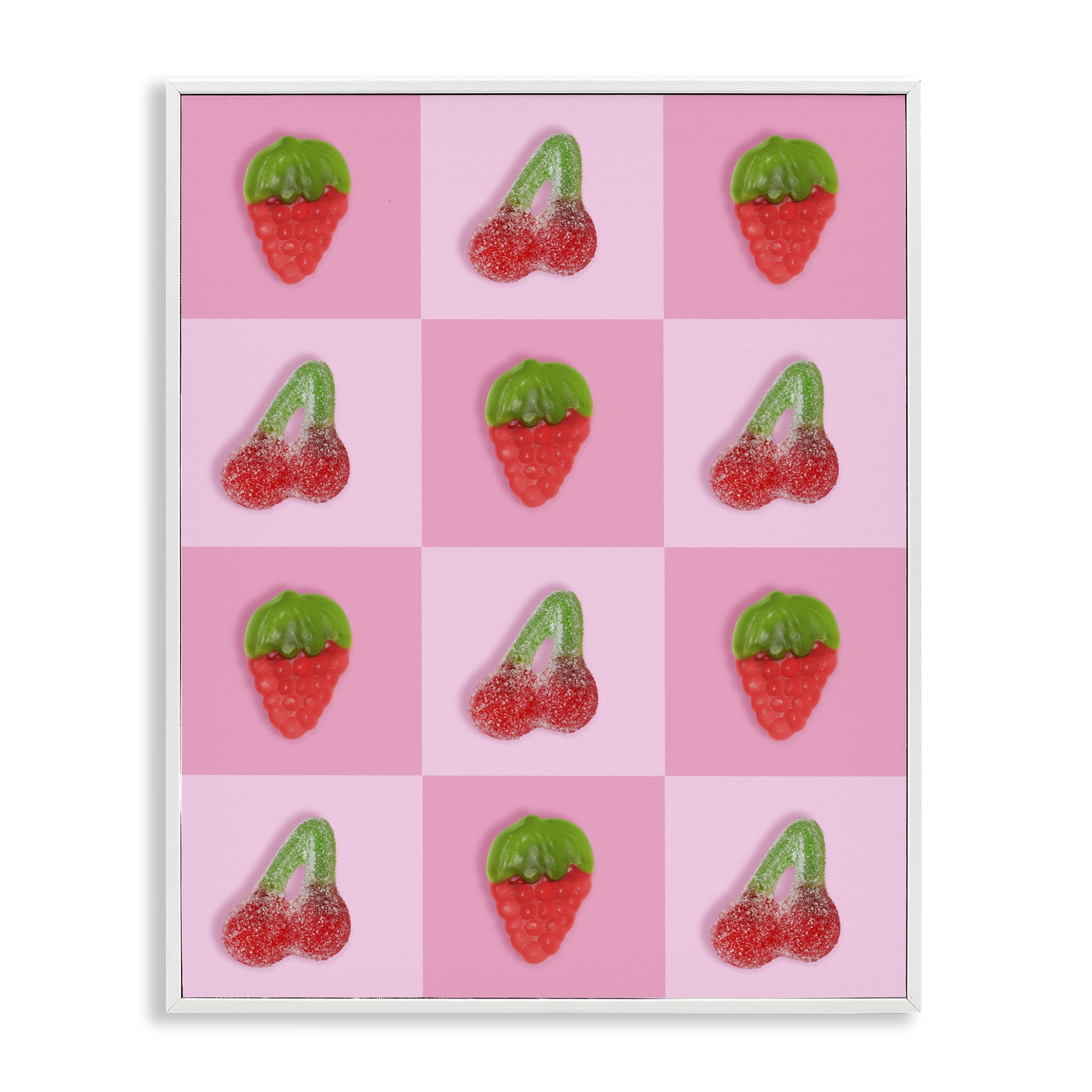 Stupell Industries Gummy Strawberry and Cherry Checkerboard White Framed Giclee Art, design by LISH Creative