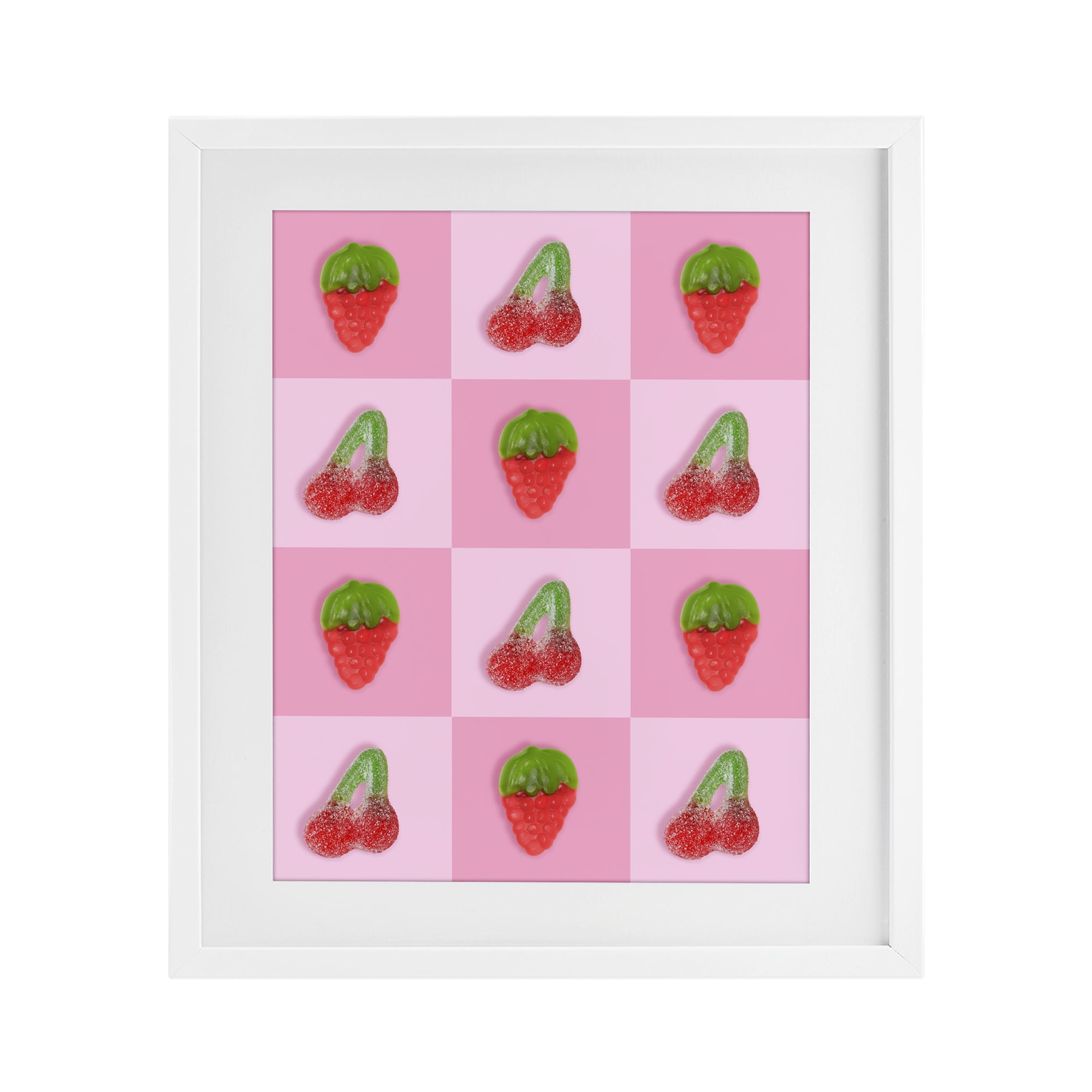 Stupell Industries Gummy Strawberry and Cherry Checkerboard White Framed Print Under Glass, design by LISH Creative