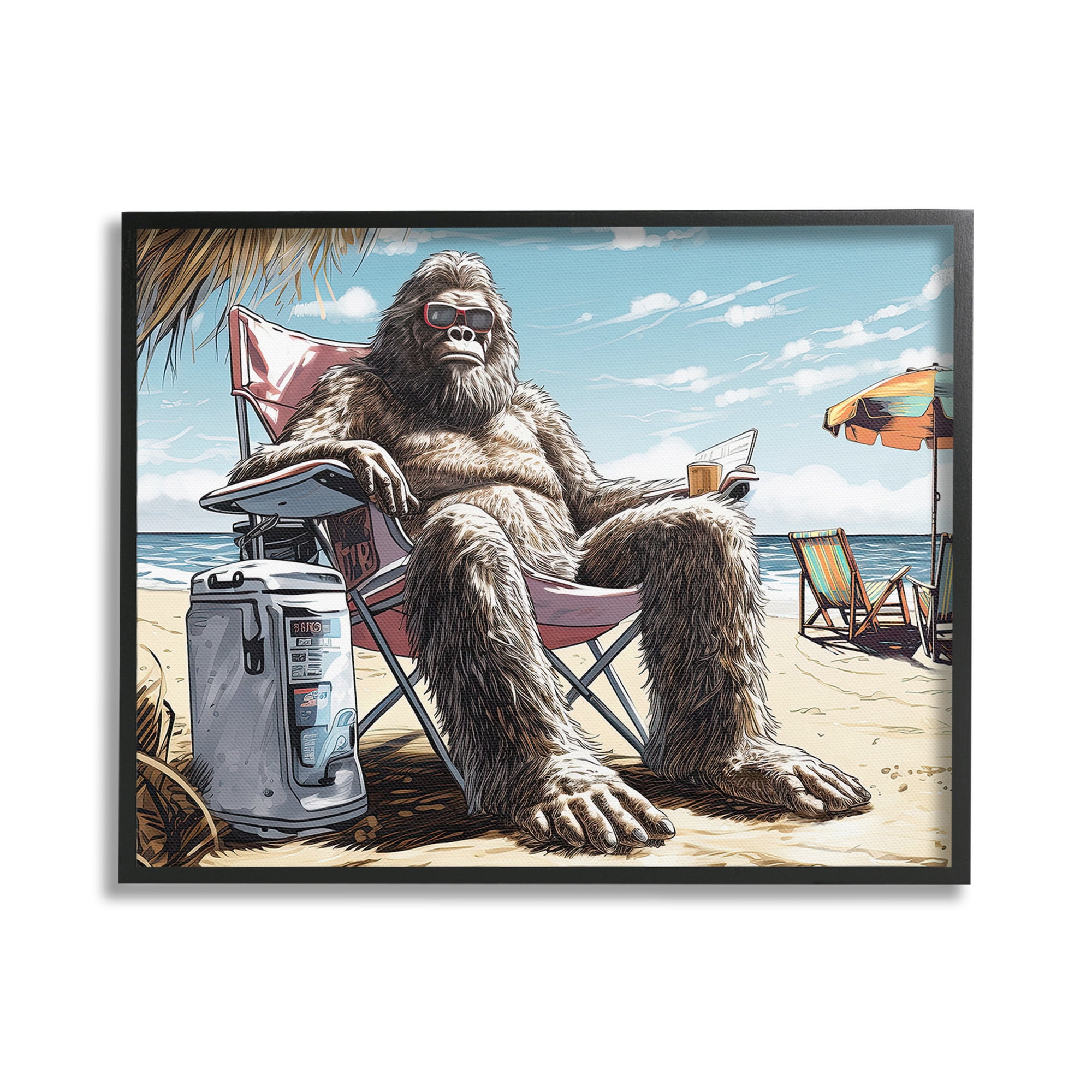 Stupell Industries Hairy Monster on Beach Fairy Tales & Fantasy Painting Black Framed Art Print Wall Art, 30 x 24