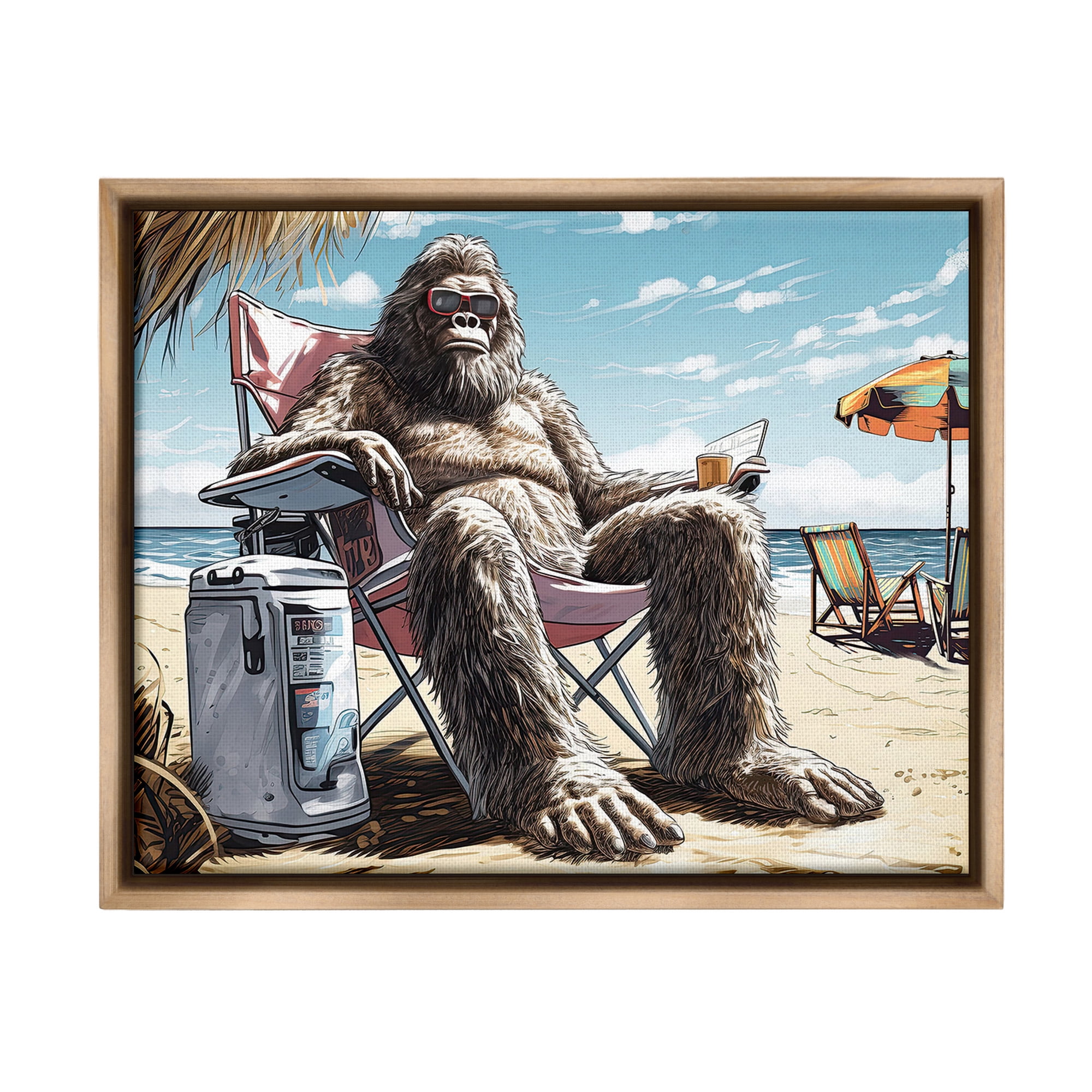 Stupell Industries Hairy Monster on Beach Fairy Tales & Fantasy Painting Brown Floater Framed Canvas Art Print Wall Art, 31 x 25