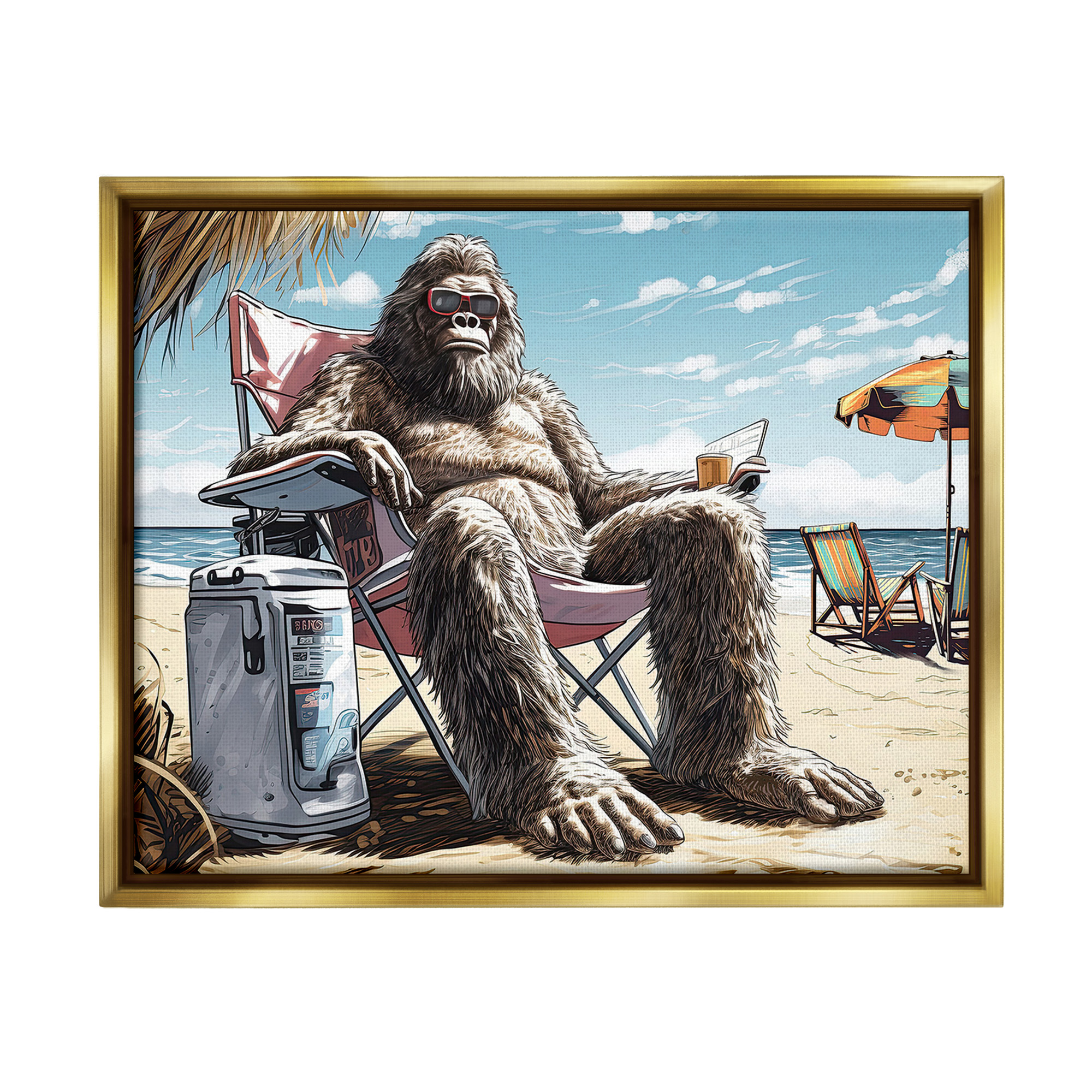 Stupell Industries Hairy Monster on Beach Fairy Tales & Fantasy Painting Gold Floater Framed Canvas Art Print Wall Art, 21 x 17