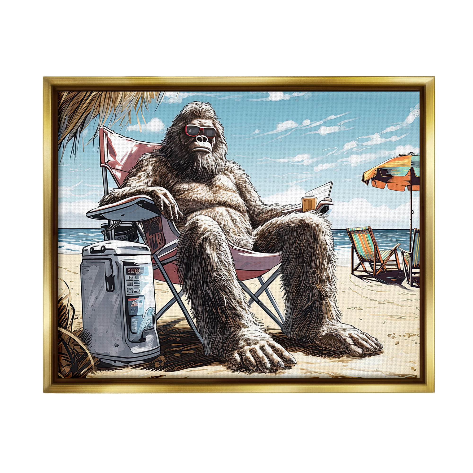 Stupell Industries Hairy Monster on Beach Fairy Tales & Fantasy Painting Gold Floater Framed Canvas Art Print Wall Art, 31 x 25