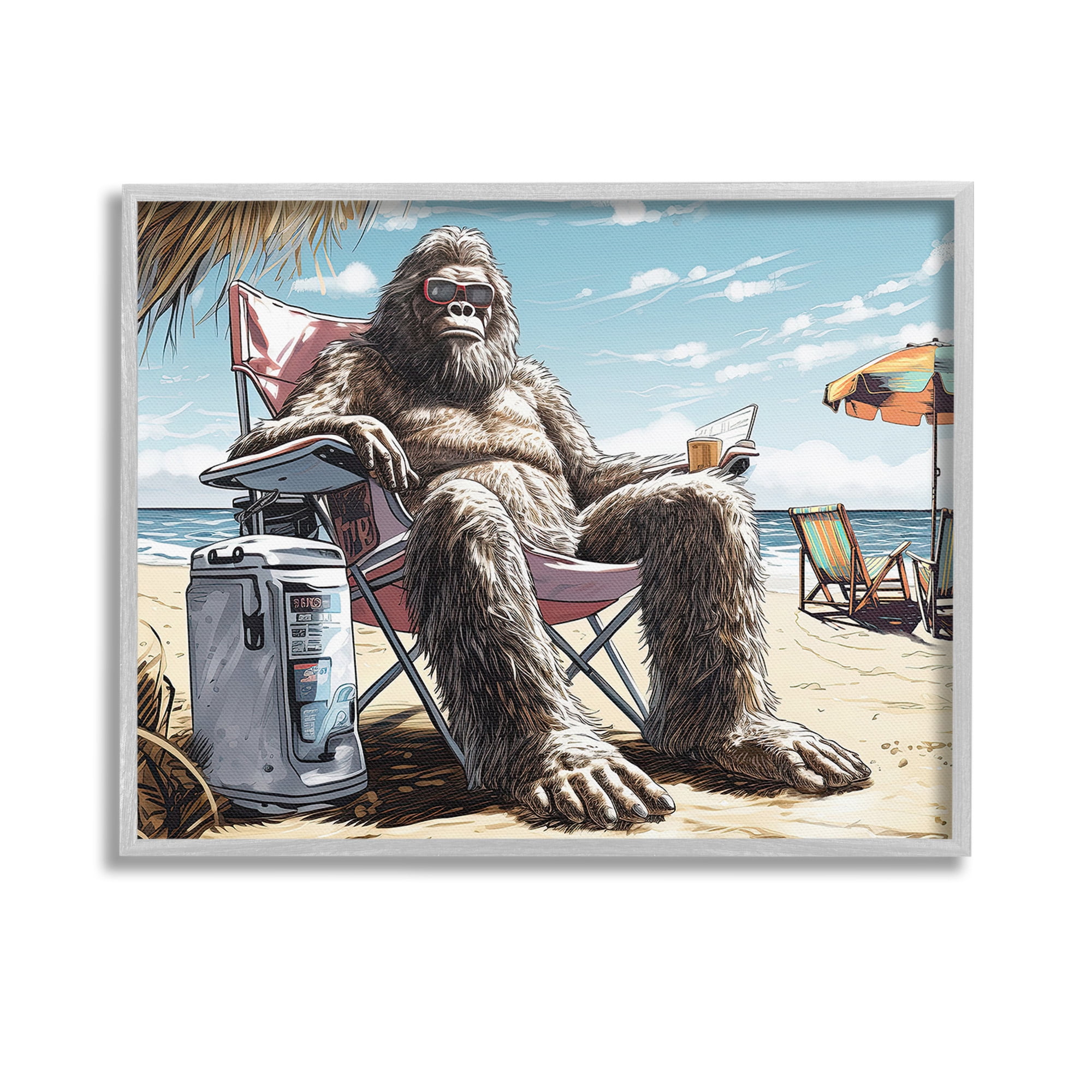 Stupell Industries Hairy Monster on Beach Fairy Tales & Fantasy Painting Gray Framed Art Print Wall Art, 14 x 11