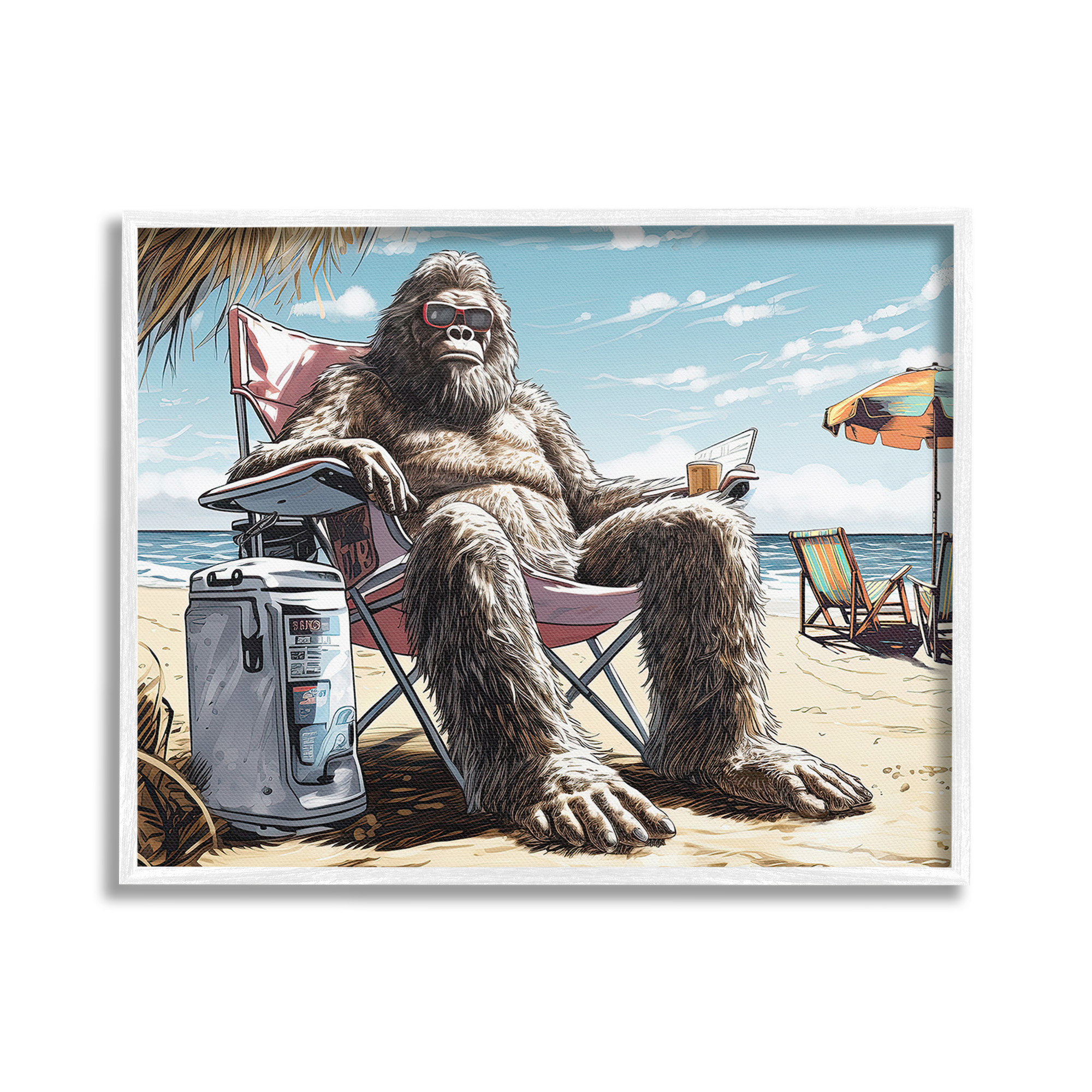 Stupell Industries Hairy Monster on Beach Fairy Tales & Fantasy Painting White Framed Art Print Wall Art, 20 x 16