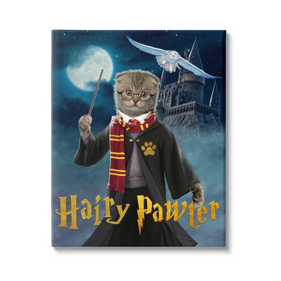 Stupell Industries Hairy Pawter Cat Wizard Animals & Insects Painting Gallery Wrapped Canvas Art Print Wall Art, 16 x 20