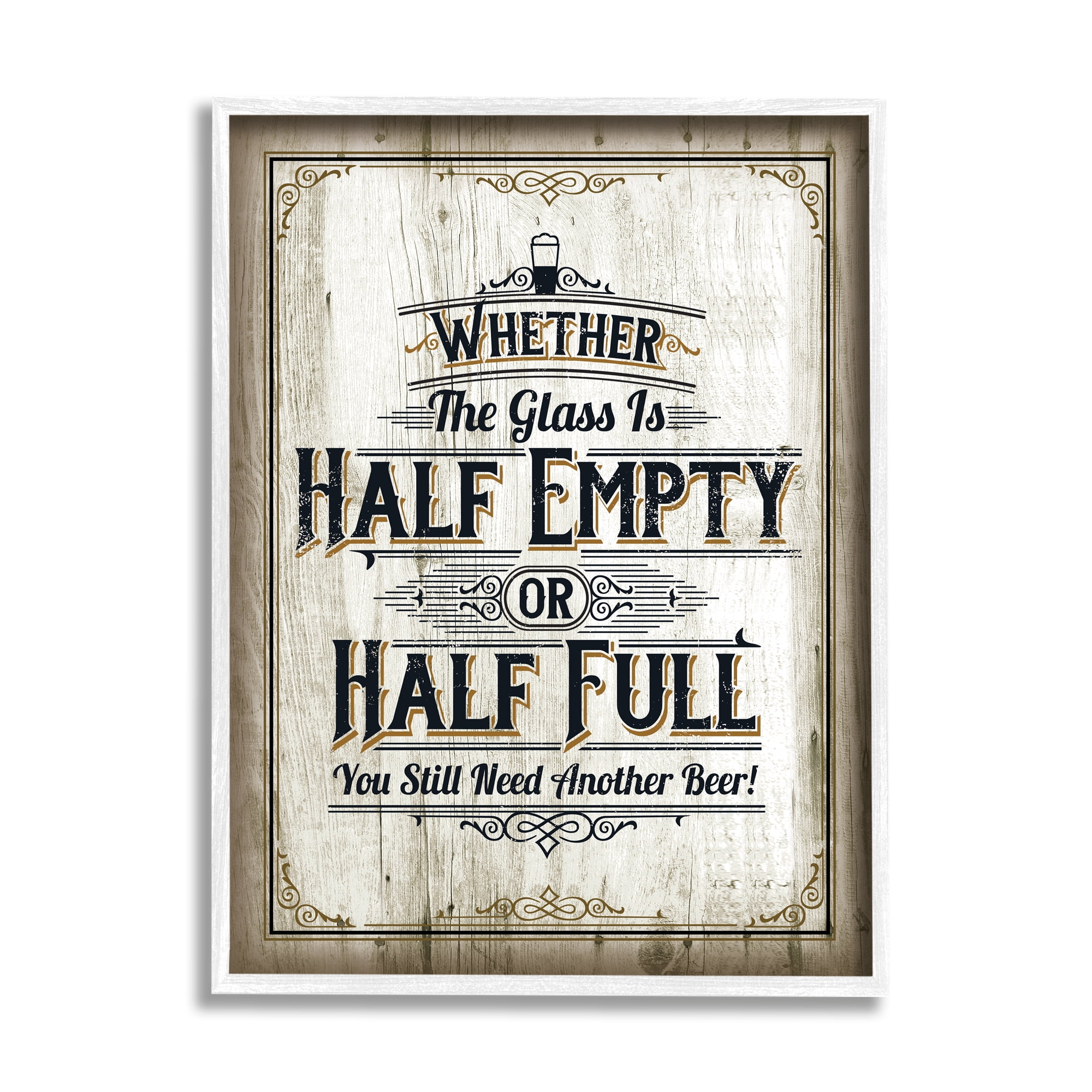 Stupell Industries Half Empty Beer Sign Bar Room Word Design Graphic Art White Framed Art Print Wall Art, 24x30, by Retrorocket Studio