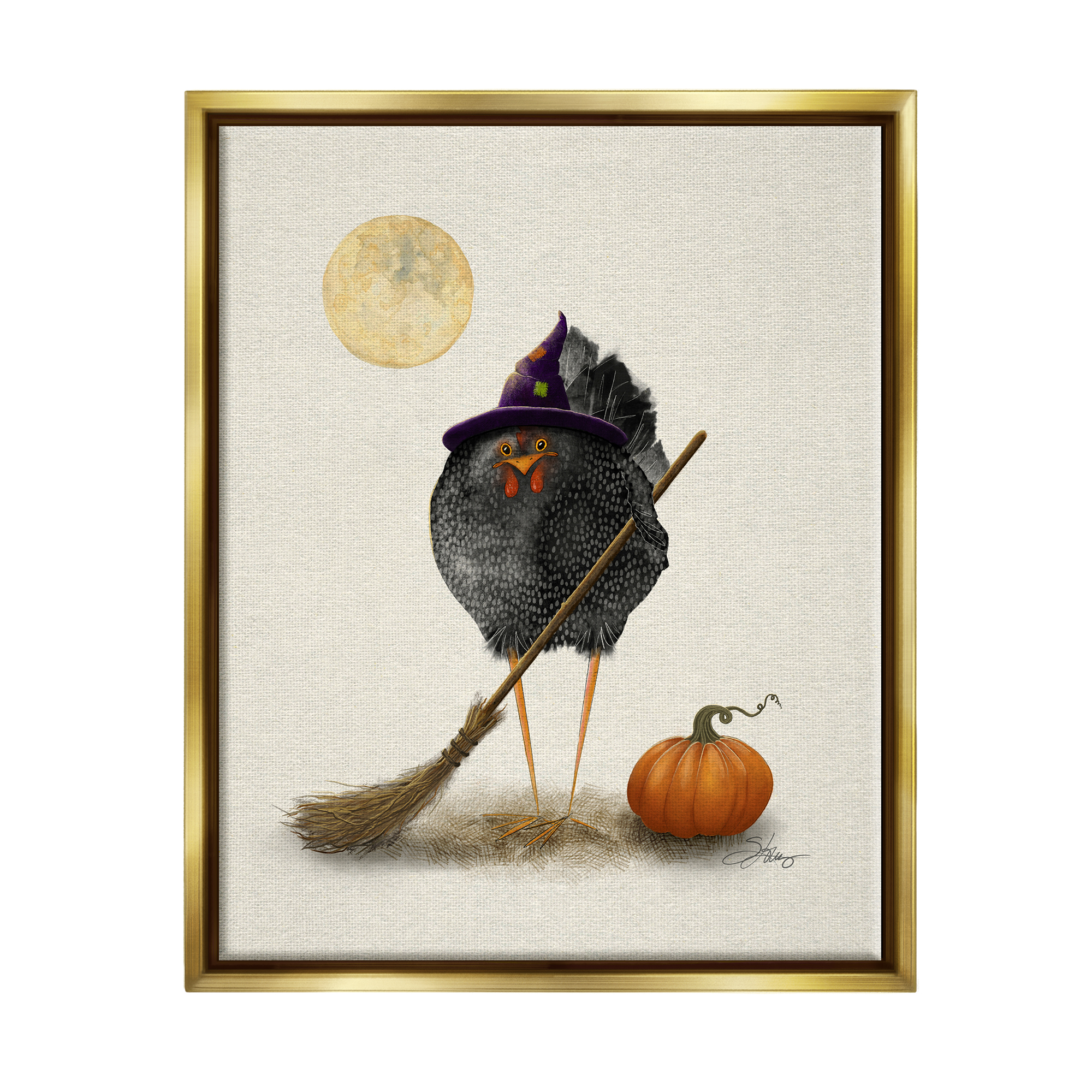 Stupell Industries Halloween Black Bird Witch Holiday Painting Gold Floater Framed Art Print Wall Art