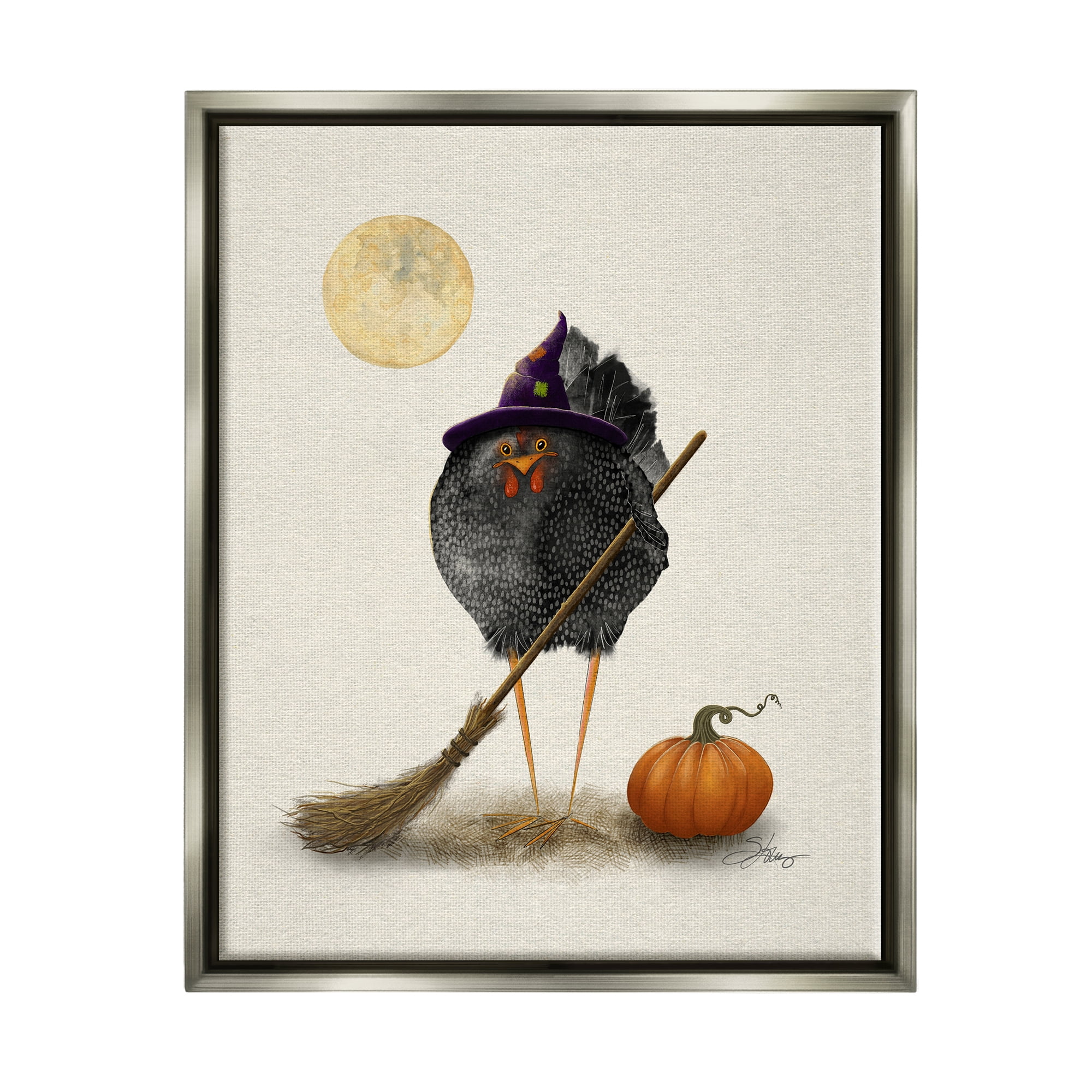 Stupell Industries Halloween Black Bird Witch Holiday Painting Gray Floater Framed Art Print Wall Art