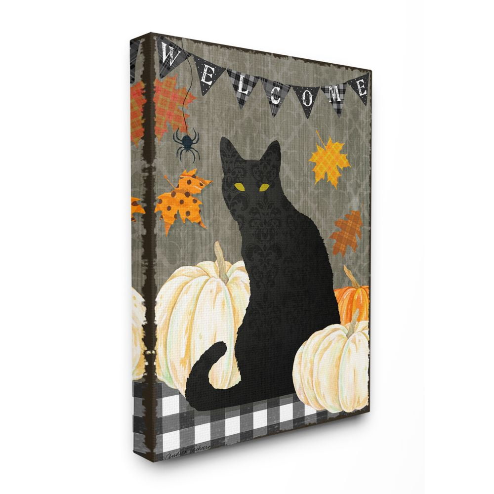 Stupell Industries Halloween Black Cat Welcome Sign Autumn Farmhouse Charm Canvas Wall Art Design by Andrea Tachiera