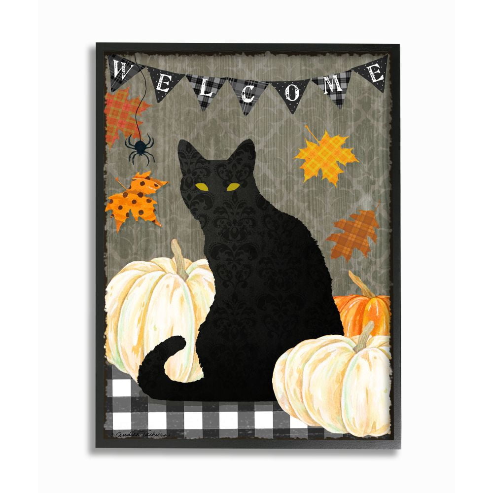 Stupell Industries Halloween Black Cat Welcome Sign Autumn Farmhouse Charm Framed Wall Art Design by Andrea Tachiera, 11" x 14", Black Framed