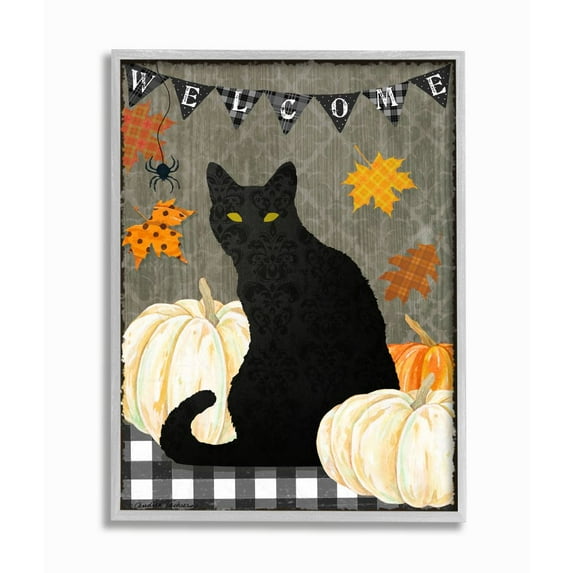 Stupell Industries Halloween Black Cat Welcome Sign Autumn Farmhouse Charm Framed Wall Art Design by Andrea Tachiera, 16" x 20", Gray Framed