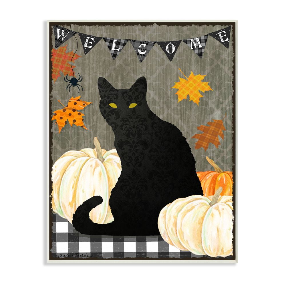 Stupell Industries Halloween Black Cat Welcome Sign Autumn Farmhouse Charm Graphic Art Unframed Art Print Wall Art, 13x19, by Andrea Tachiera