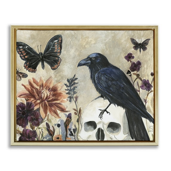 Halloween Crow with Butterflies Gold Floating Frame Canvas Art, 31 x 25, Made In USA
