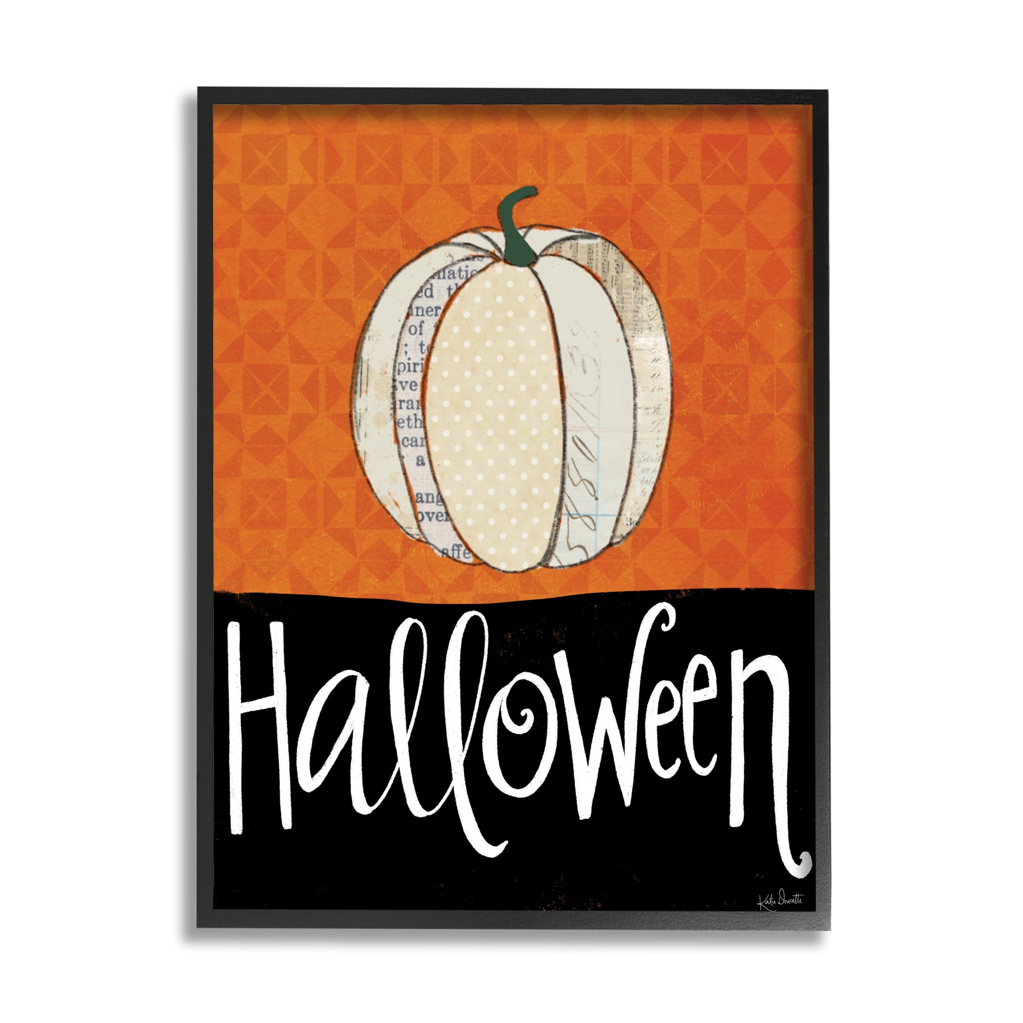 Stupell Industries Halloween Festive Holiday Greeting Patterned Pumpkin Gourd Graphic Art Black Framed Art Print Wall Art, 24x30, by Katie Doucette