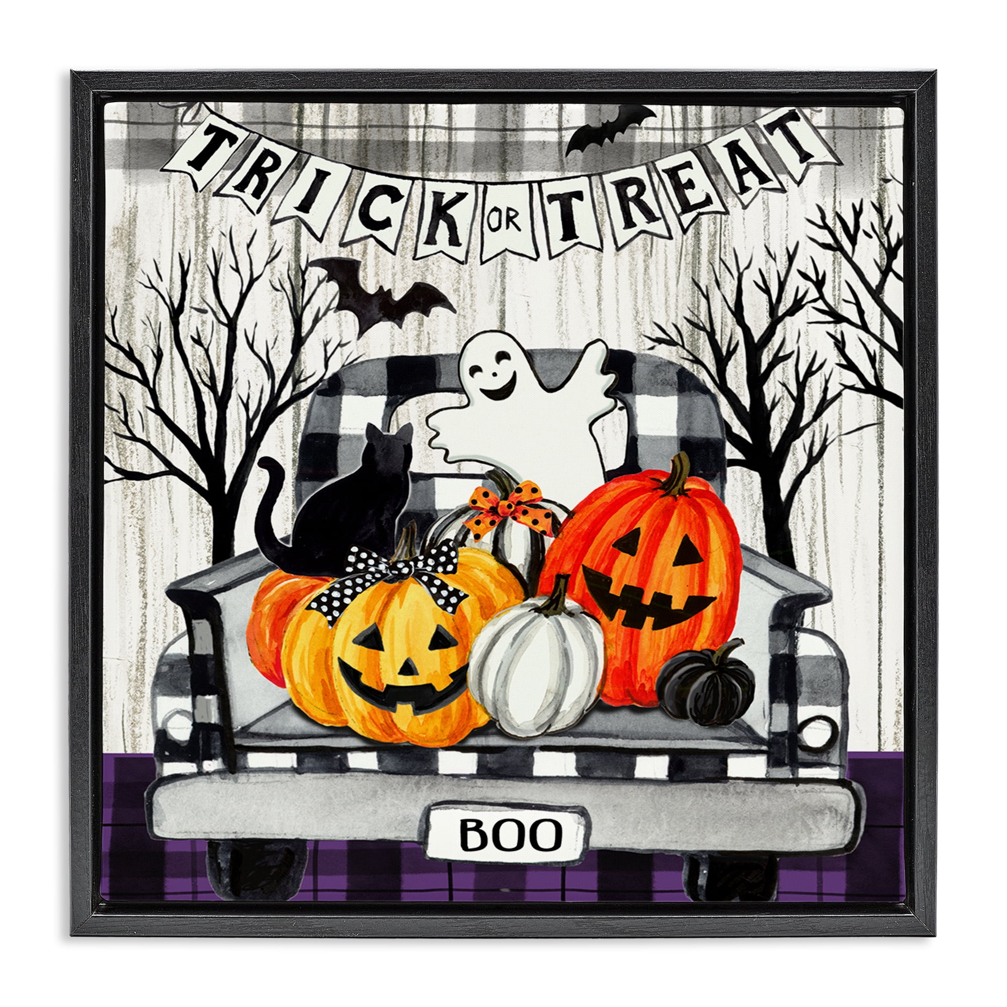 Stupell Industries Halloween Filled Truck Holiday Painting Black Floater Framed Canvas Art Print Wall Art, 18 x 18