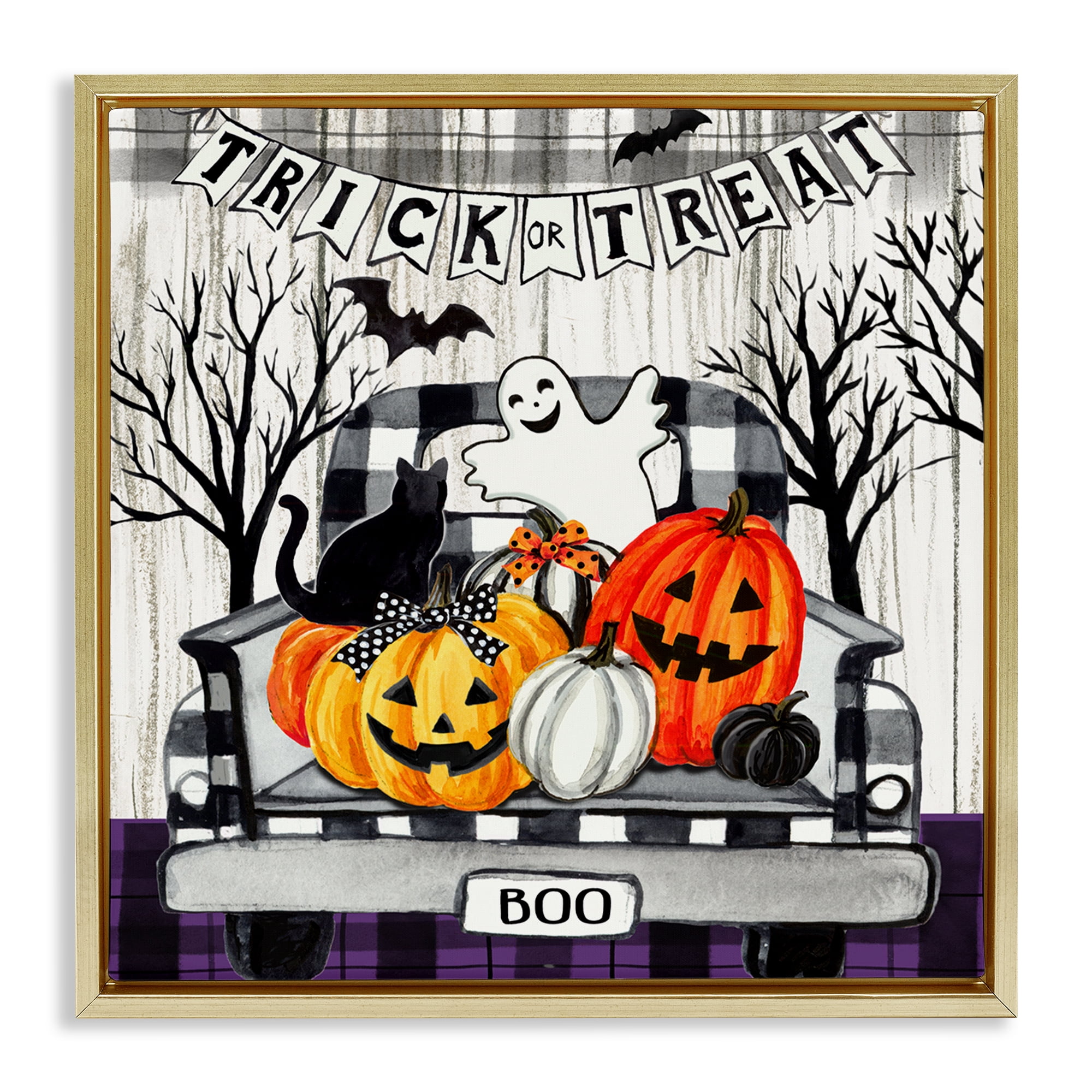 Stupell Industries Halloween Filled Truck Holiday Painting Gold Floater Framed Canvas Art Print Wall Art, 25 x 25