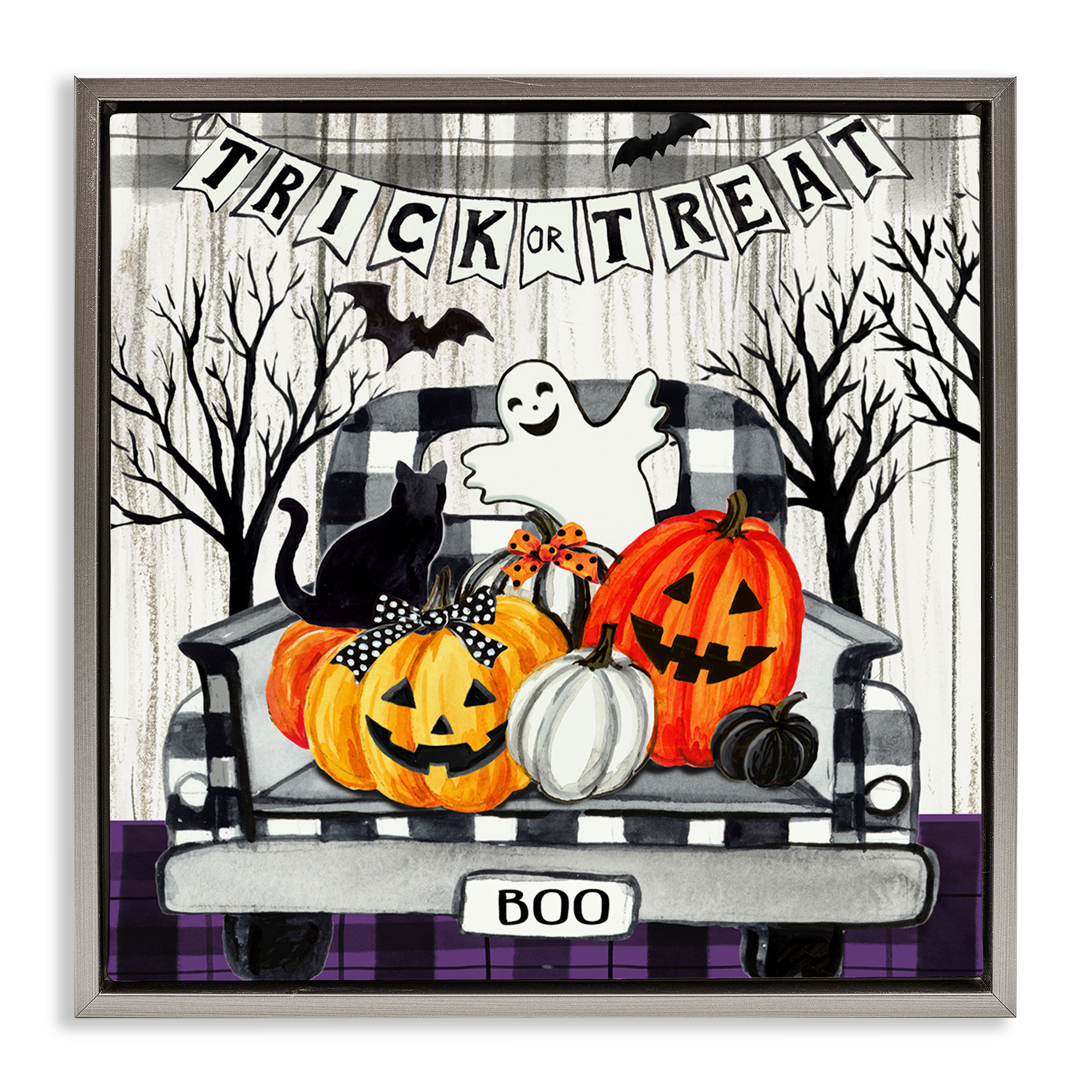 Stupell Industries Halloween Filled Truck Holiday Painting Gray Floater Framed Canvas Art Print Wall Art, 25 x 25