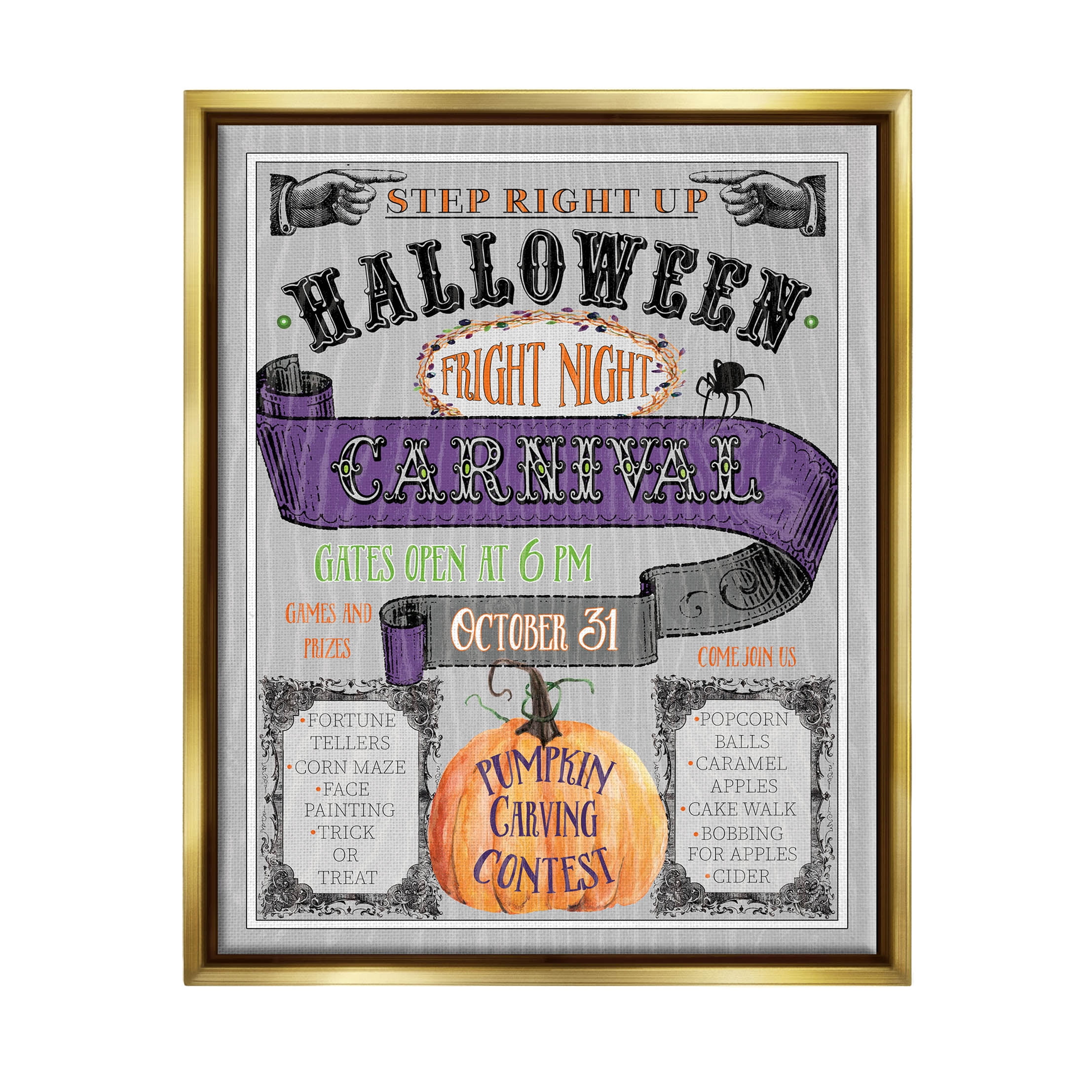 Stupell Industries Halloween Fright Night Carnival Sign Graphic Art Metallic Gold Floating Framed Canvas Print Wall Art, Design by Livi Finn