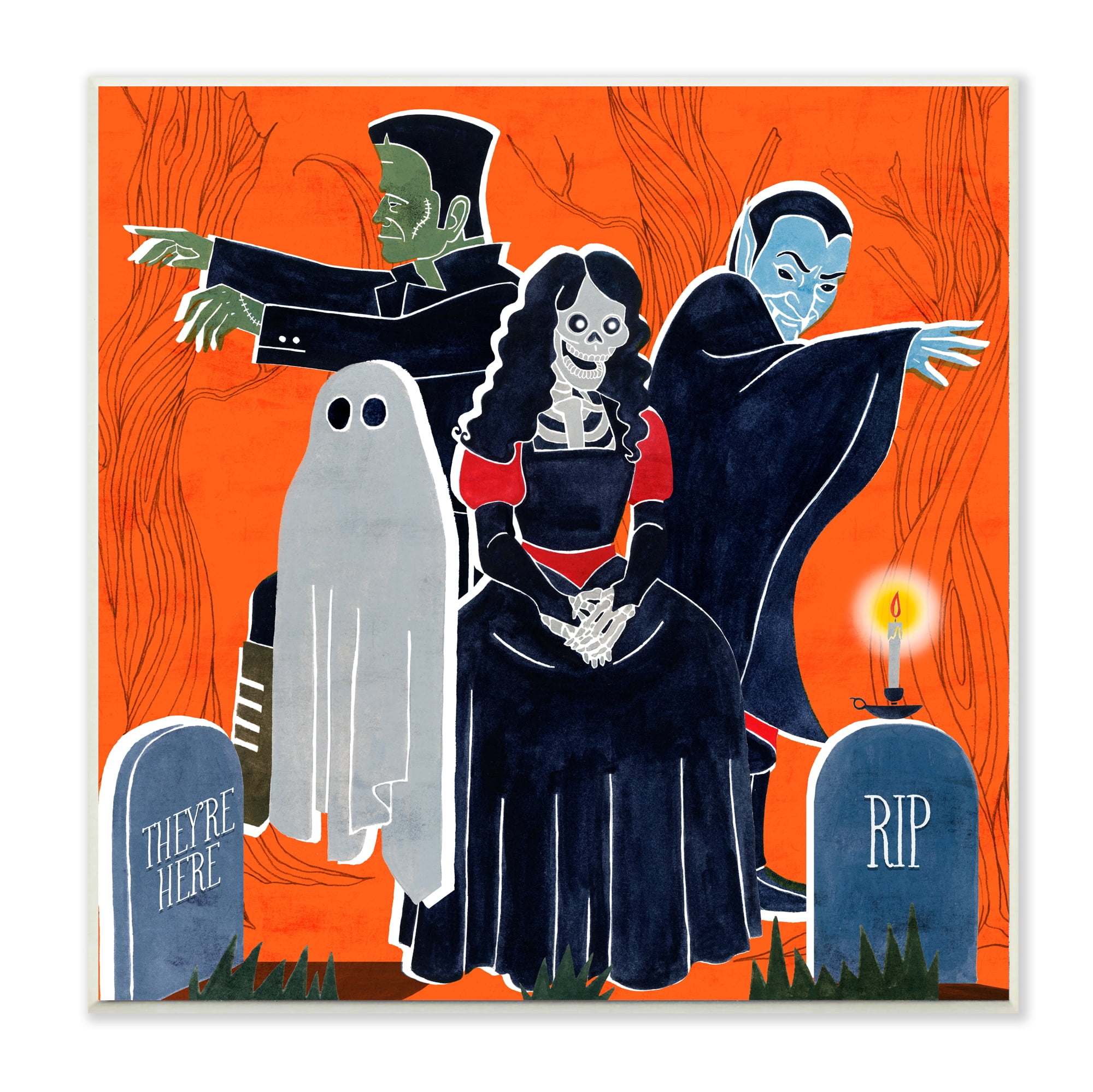 Stupell Industries Halloween Graveyard Monsters Vibrant Orange Pop Wall Plaque, 12 x 12, Design by Grace Popp