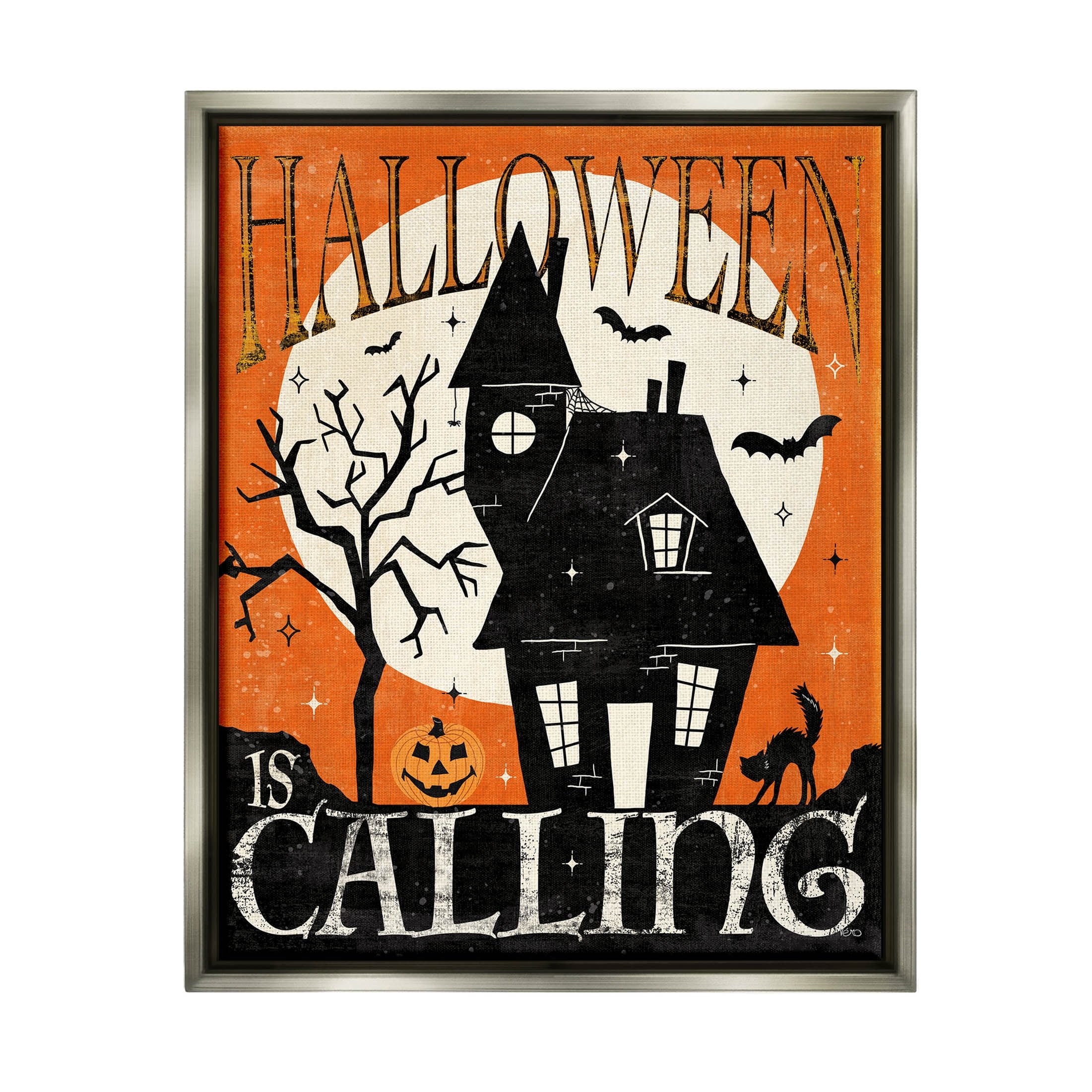 Stupell Industries Halloween Is Calling Haunted House Graphic Art Luster Gray Floating Framed Canvas Print Wall Art, Design by Veronique Charron