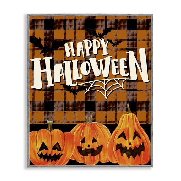 Stupell Industries Halloween Jack-o-Lanterns on Plaid Gray Framed Giclee Art, design by Kim Allen
