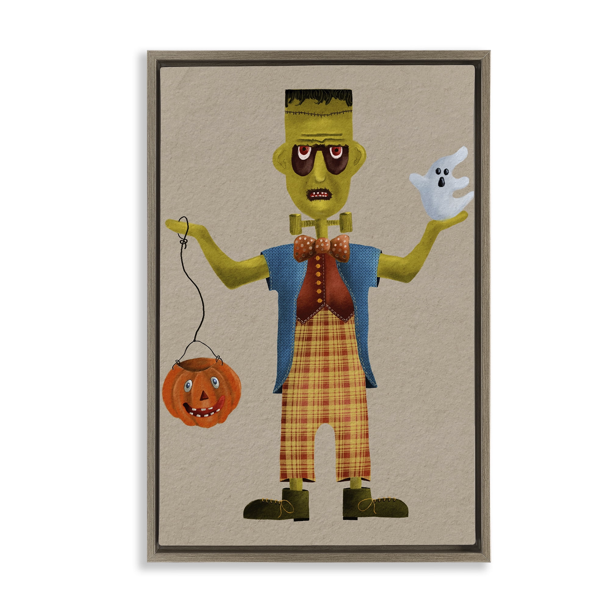 Stupell Industries Halloween Monster & Ghost Holiday Painting Brown Floater Framed Art Print Wall Art, 21 x 31