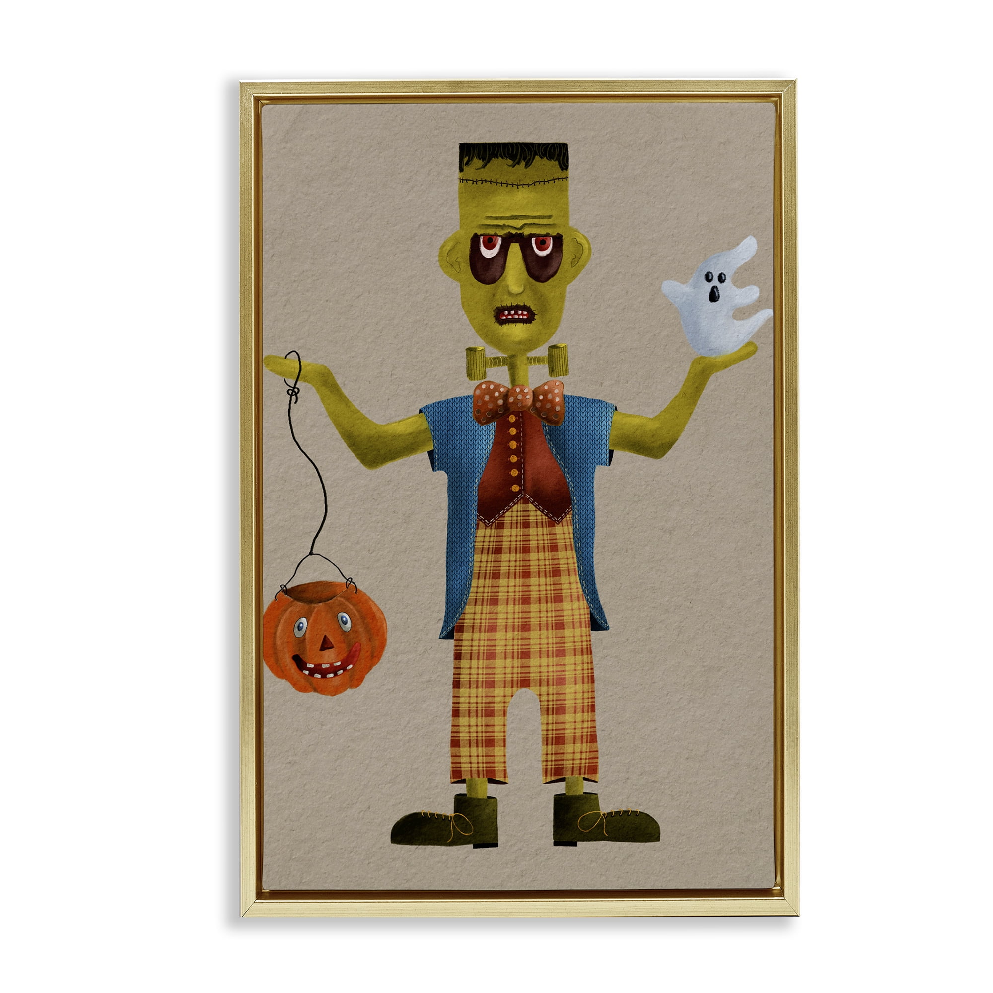 Stupell Industries Halloween Monster & Ghost Holiday Painting Gold Floater Framed Art Print Wall Art, 21 x 31