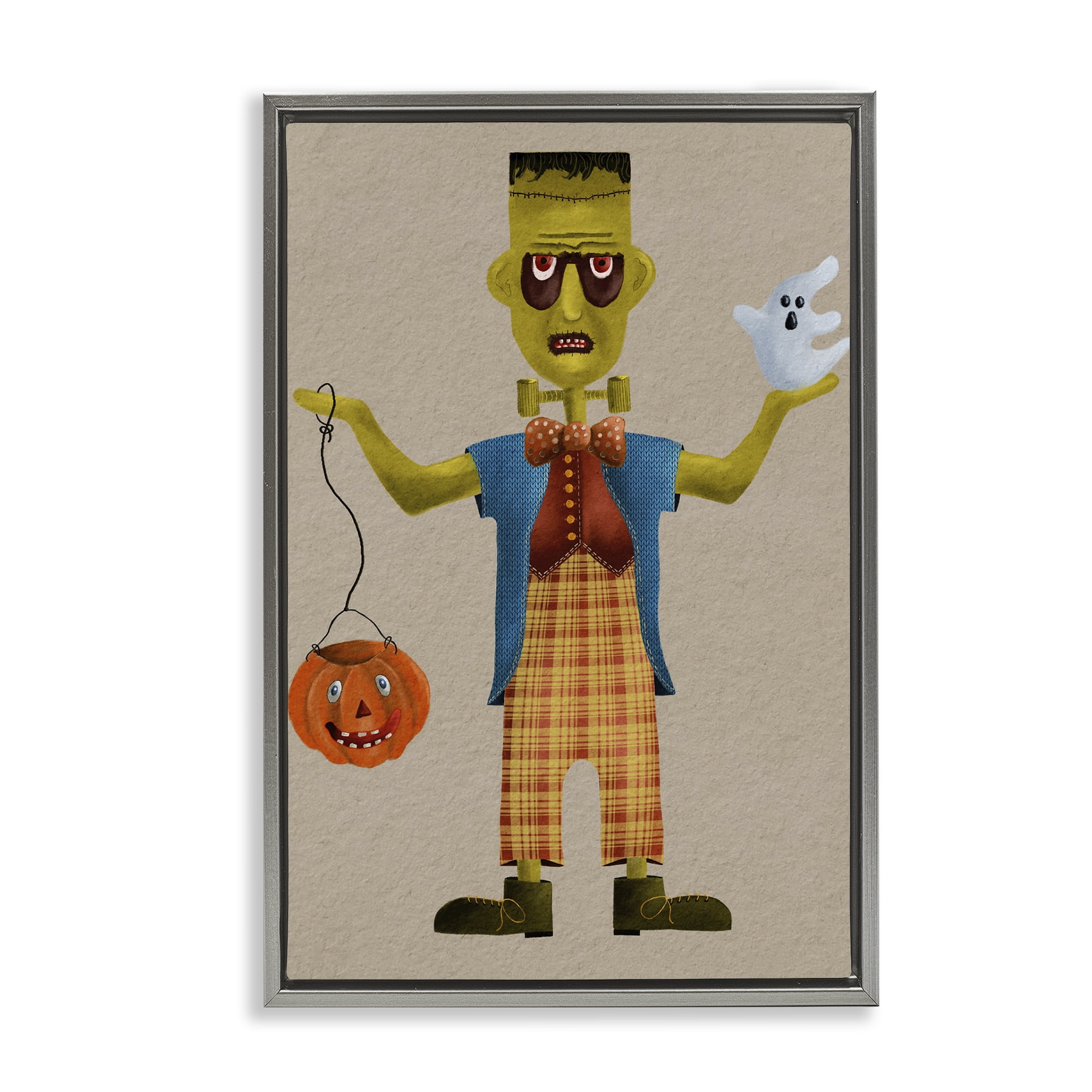 Stupell Industries Halloween Monster & Ghost Holiday Painting Gray Floater Framed Art Print Wall Art, 17 x 25