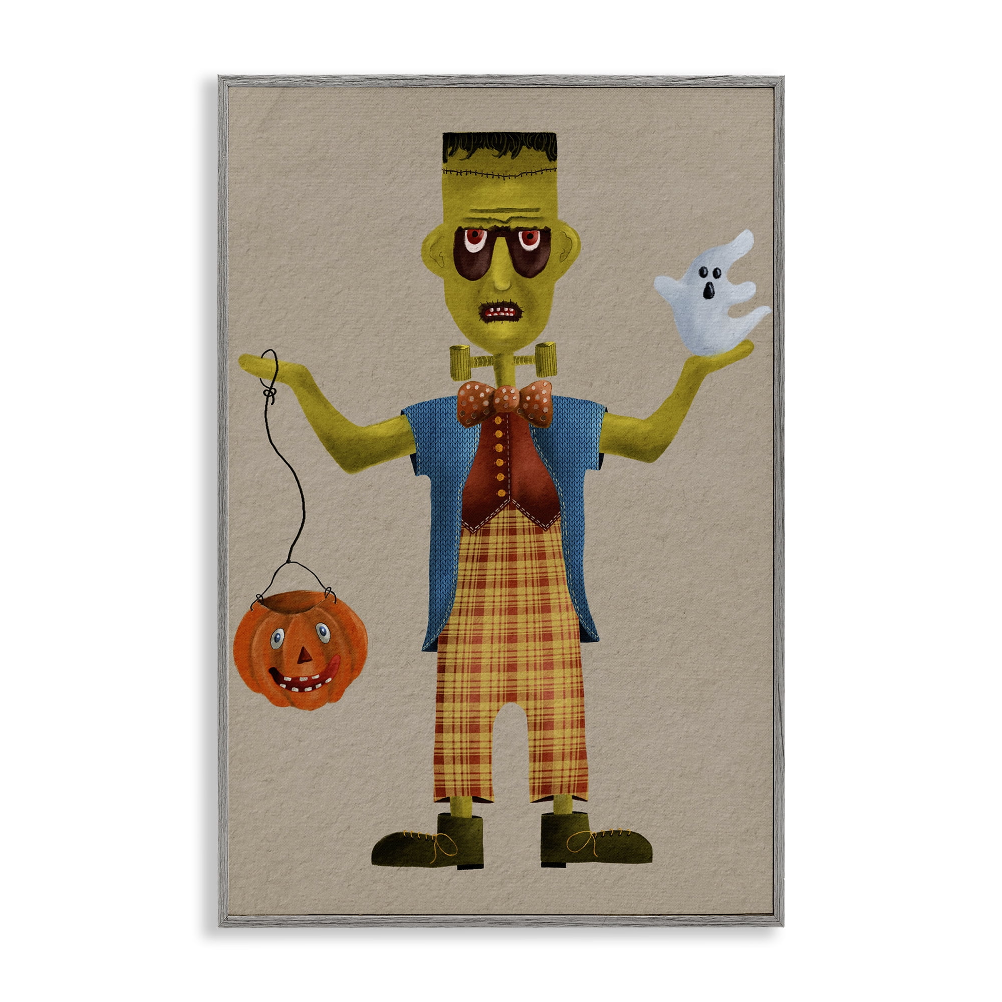 Stupell Industries Halloween Monster & Ghost Holiday Painting Gray Framed Art Print Wall Art, 20 x 30