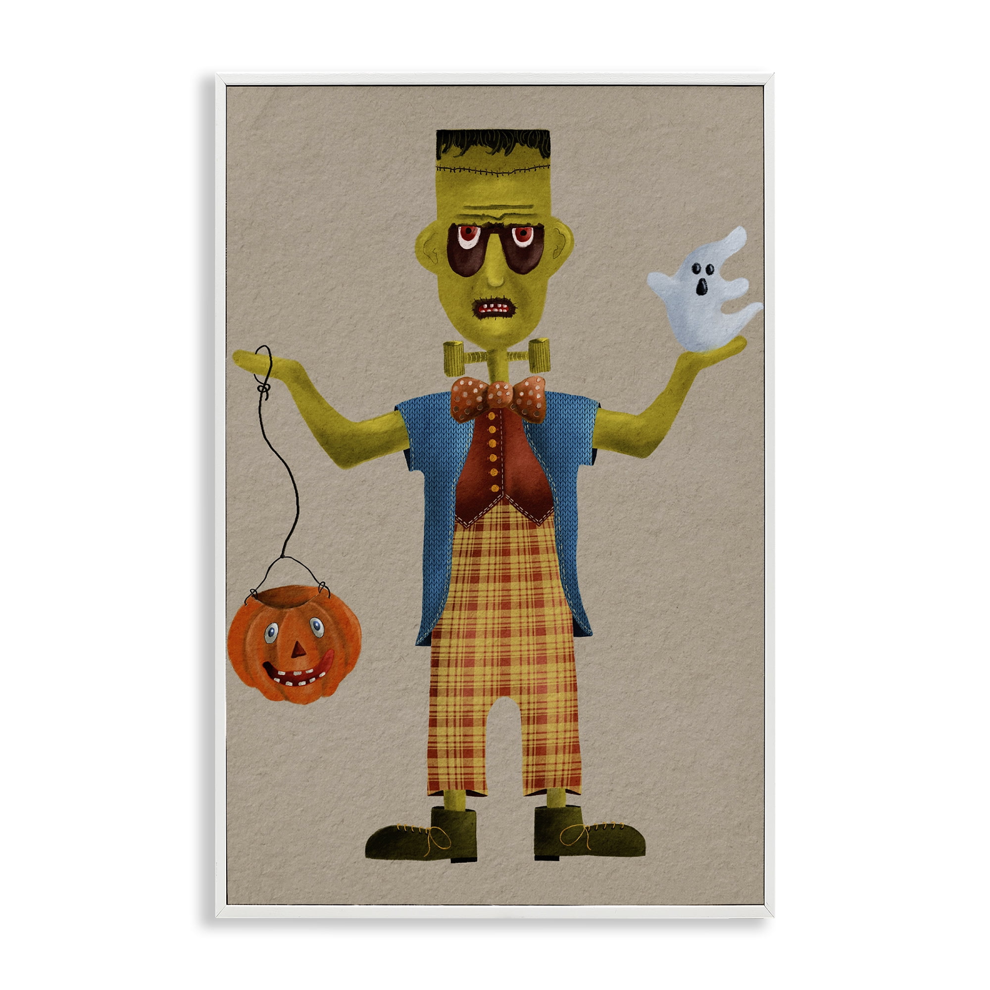 Stupell Industries Halloween Monster & Ghost Holiday Painting White Framed Art Print Wall Art, 12 x 18