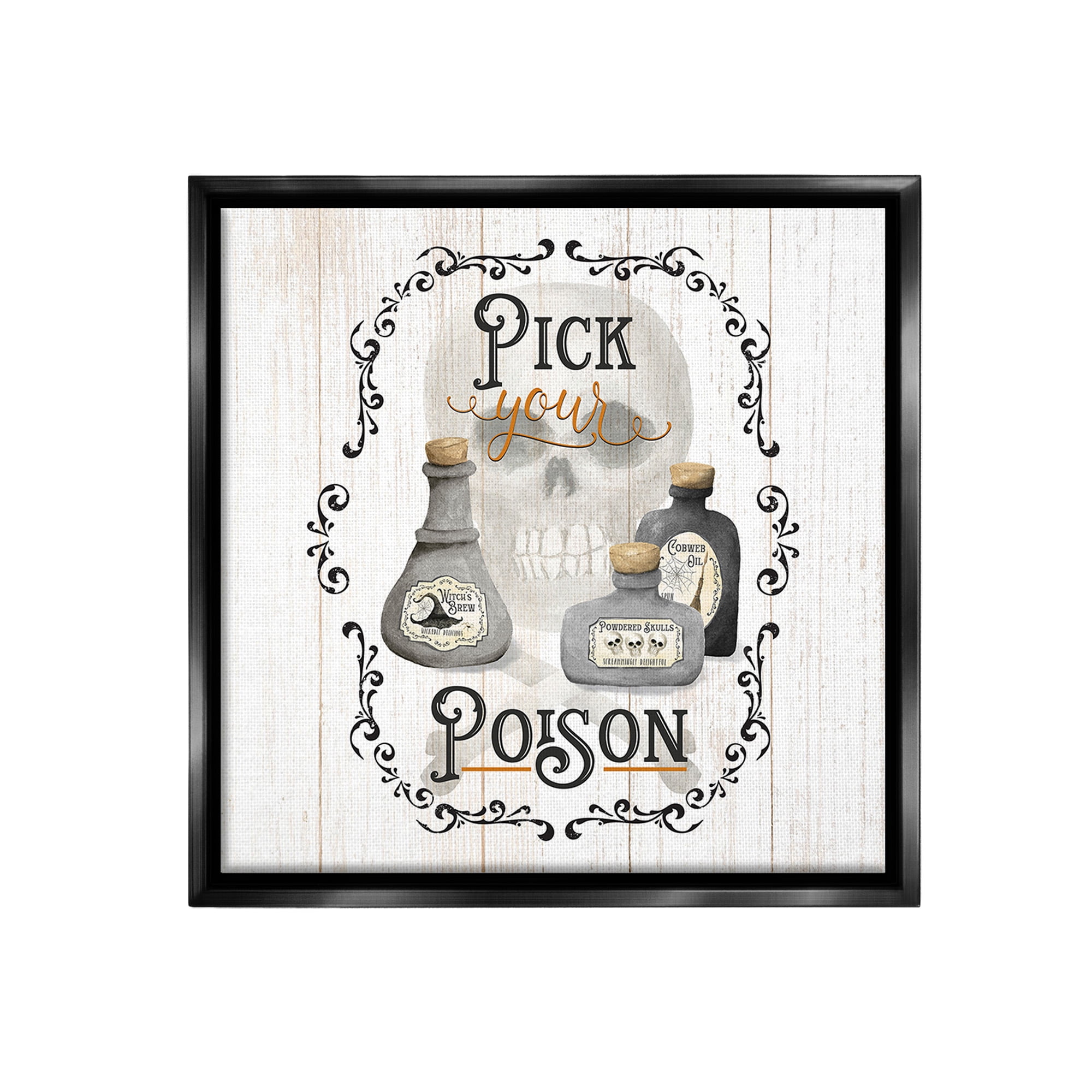 Stupell Industries Halloween Poison Jars Holiday Painting Black Floater Framed Canvas Art Print Wall Art, 18 x 18