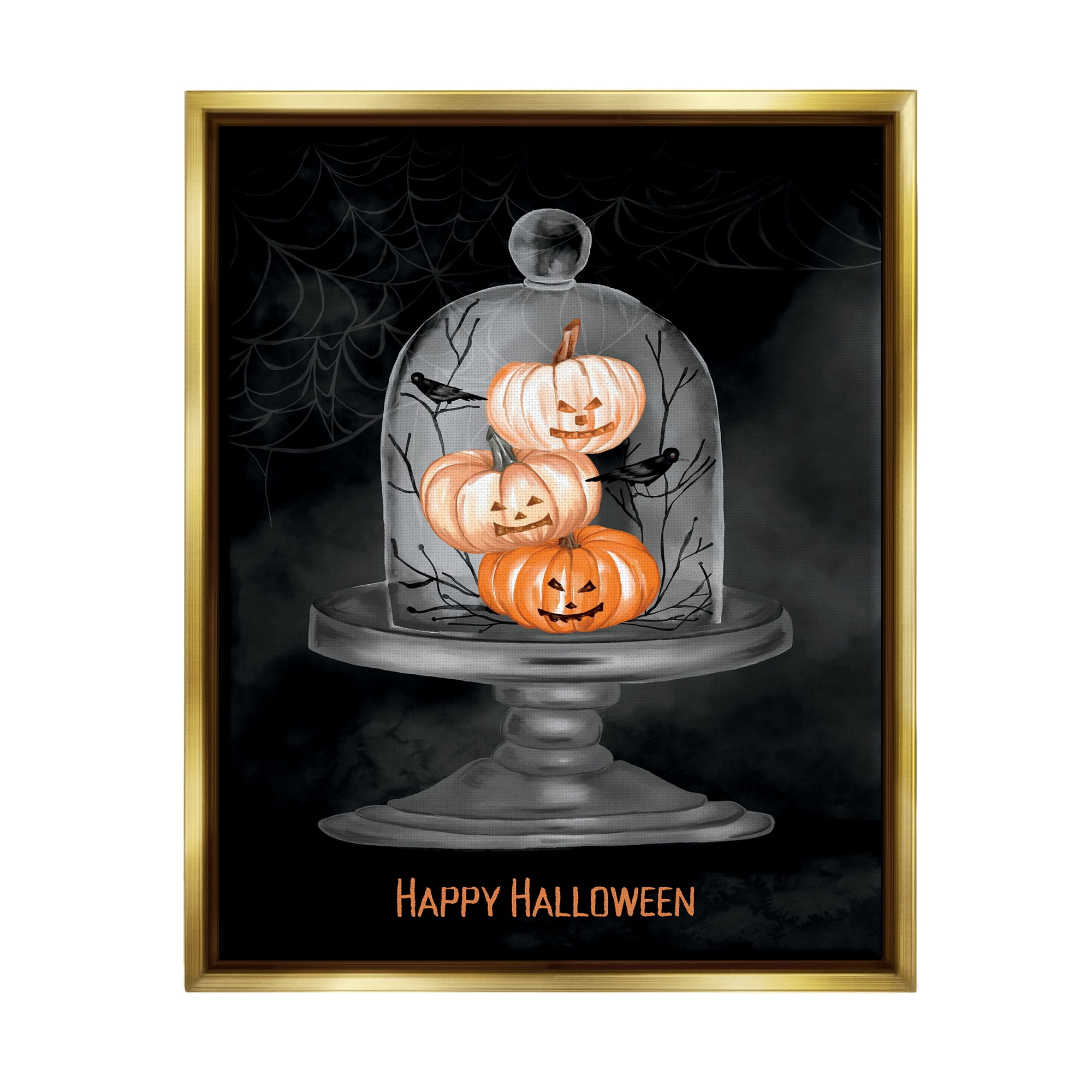 Stupell Industries Halloween Pumpkins & Crows Holiday Painting Gold Floater Framed Art Print Wall Art, 17 x 21