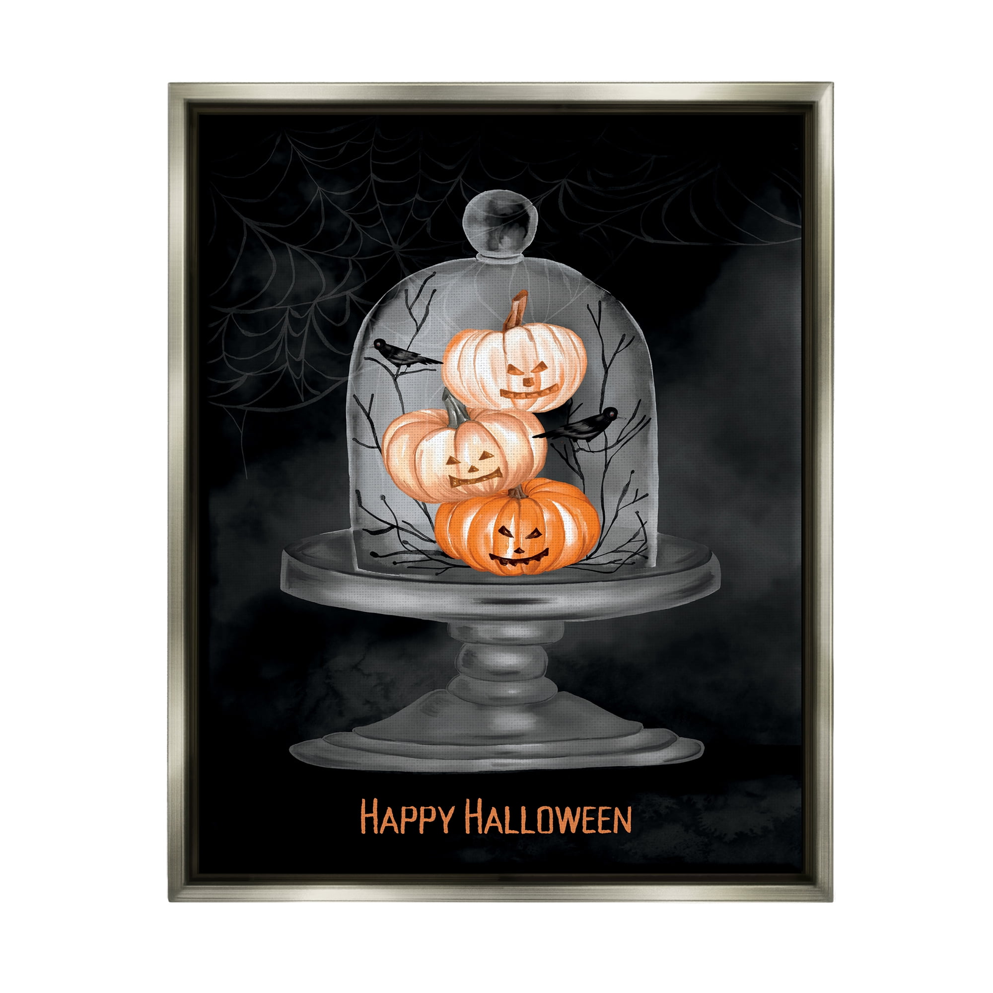 Stupell Industries Halloween Pumpkins & Crows Holiday Painting Gray Floater Framed Art Print Wall Art, 25 x 31