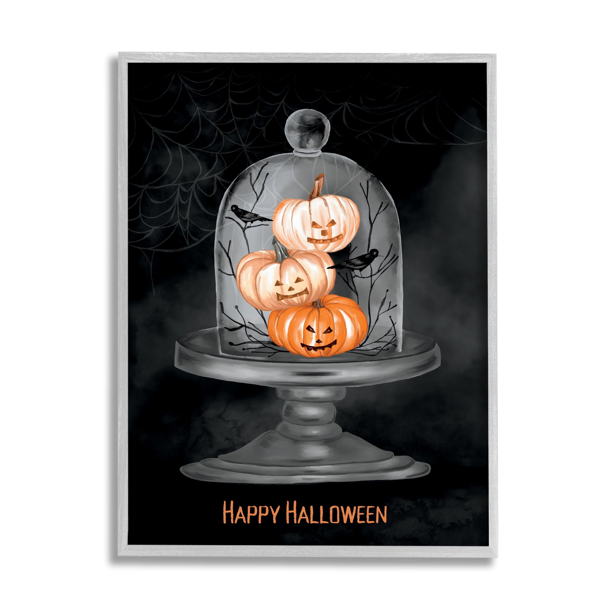 Stupell Industries Halloween Pumpkins & Crows Holiday Painting Gray Framed Art Print Wall Art, 24 x 30
