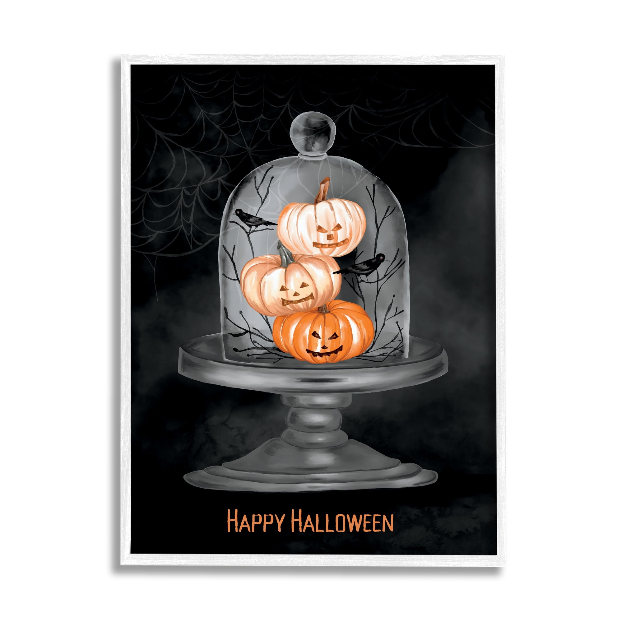Stupell Industries Halloween Pumpkins & Crows Holiday Painting White Framed Art Print Wall Art, 24 x 30