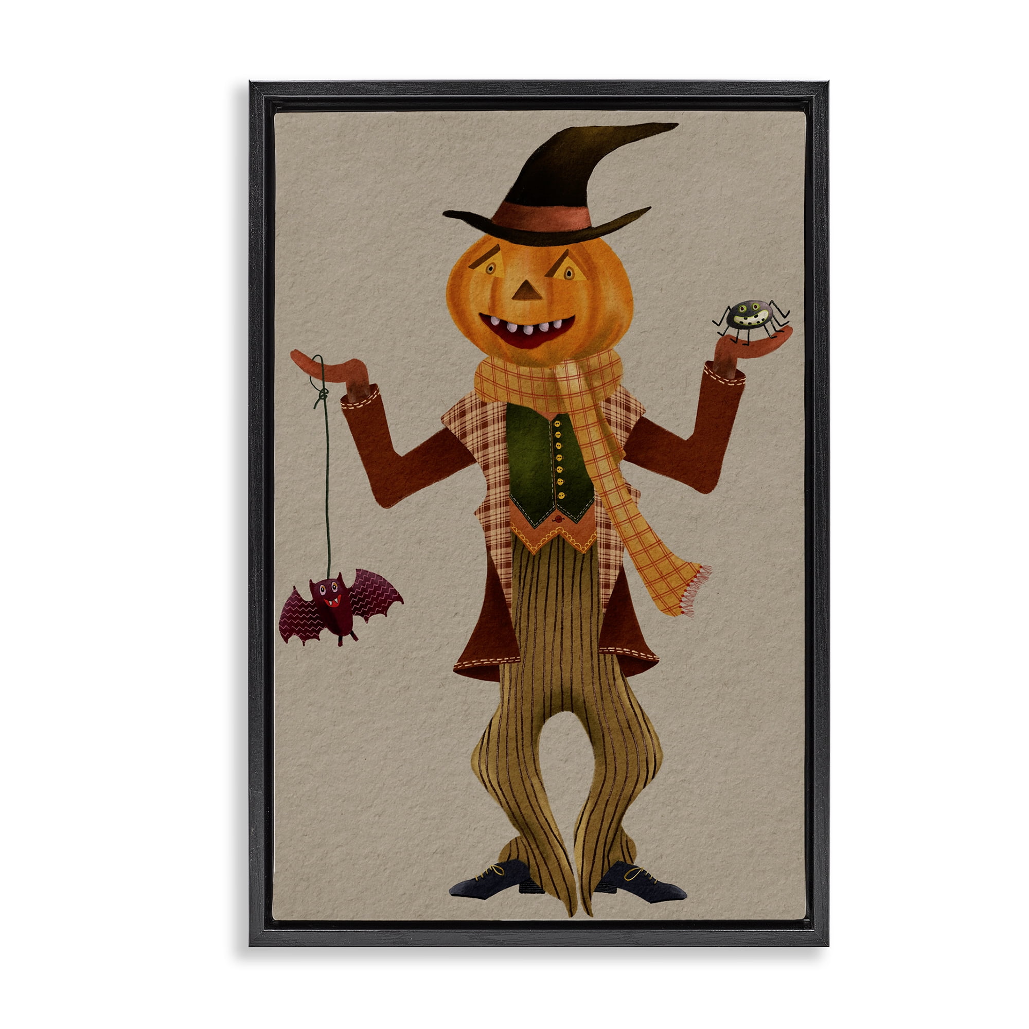 Stupell Industries Halloween Scarecrow & Bat Holiday Painting Black Floater Framed Art Print Wall Art, 21 x 31