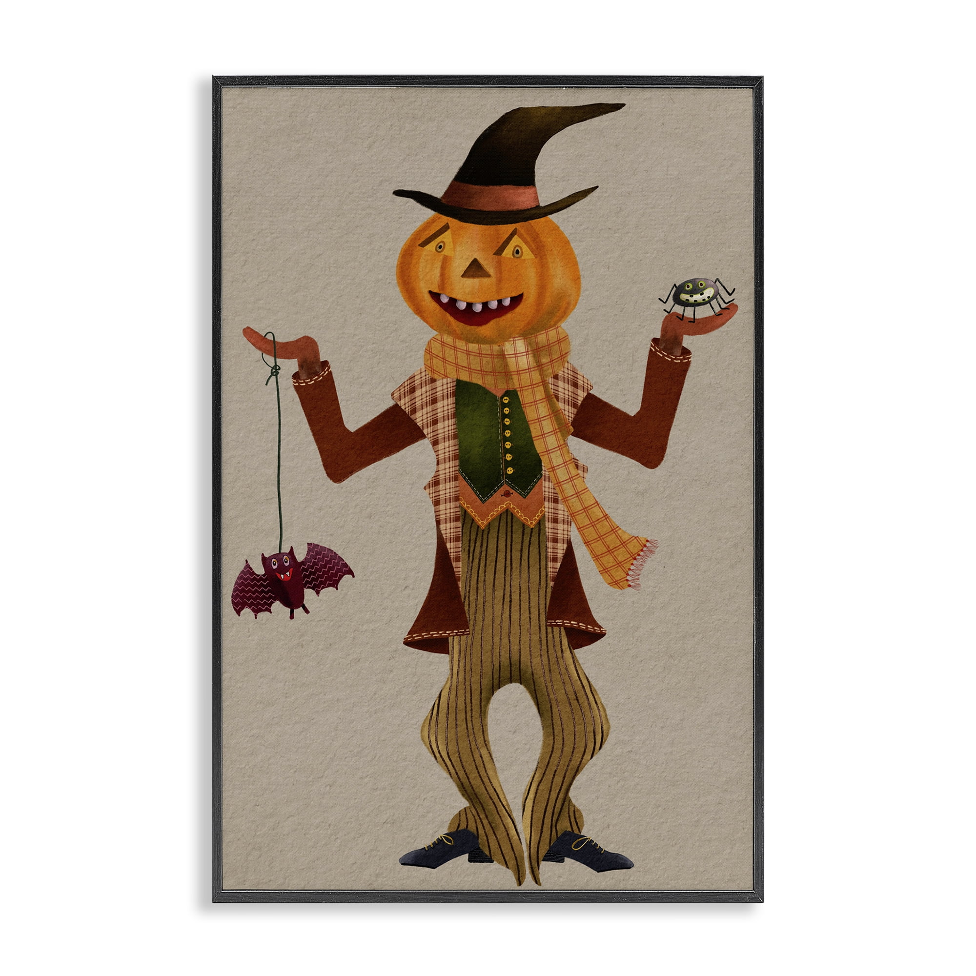 Stupell Industries Halloween Scarecrow & Bat Holiday Painting Black Framed Art Print Wall Art, 20 x 30