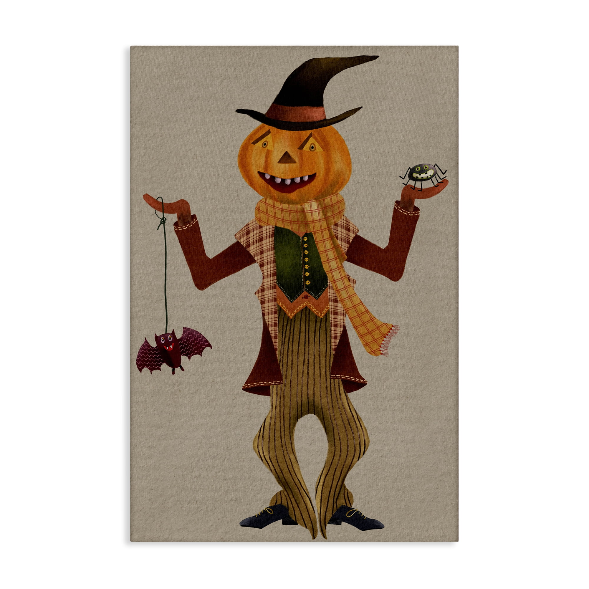 Stupell Industries Halloween Scarecrow & Bat Holiday Painting Gallery Wrapped Canvas Art Print Wall Art, 24 x 36