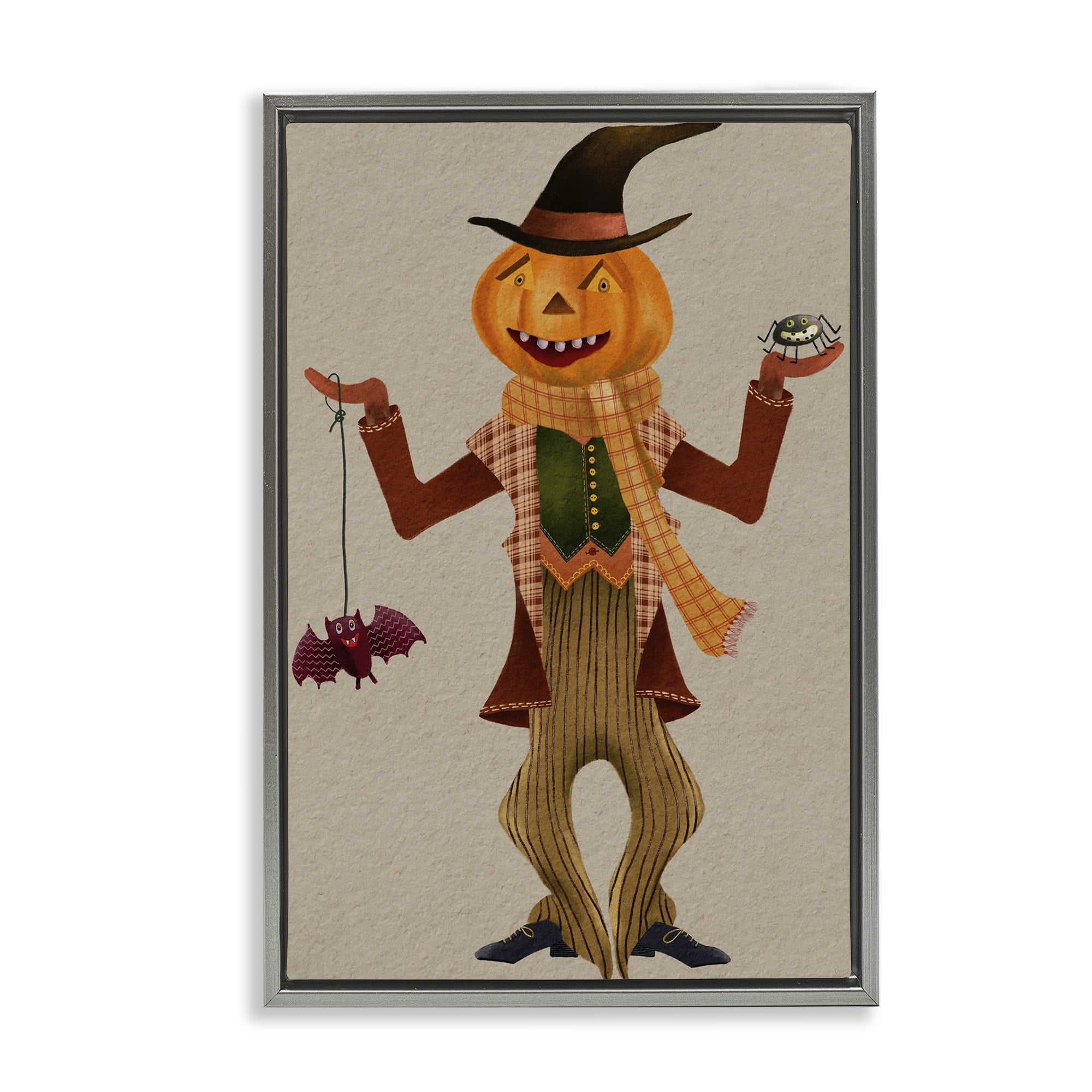 Stupell Industries Halloween Scarecrow & Bat Holiday Painting Gray Floater Framed Art Print Wall Art, 17 x 25