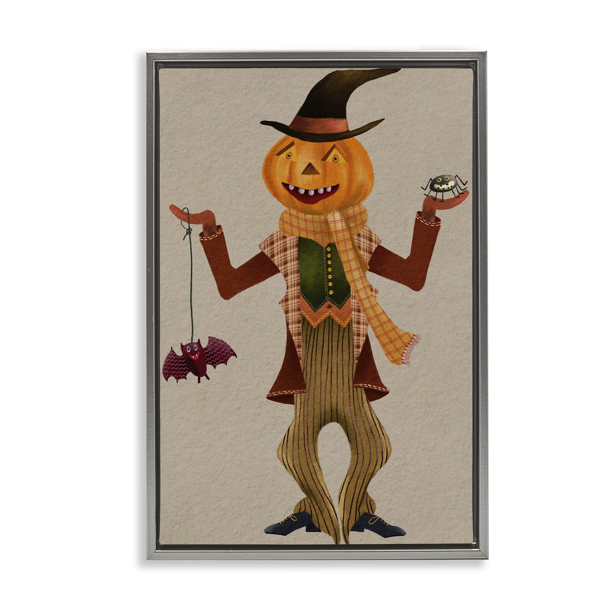 Stupell Industries Halloween Scarecrow & Bat Holiday Painting Gray Floater Framed Art Print Wall Art, 21 x 31