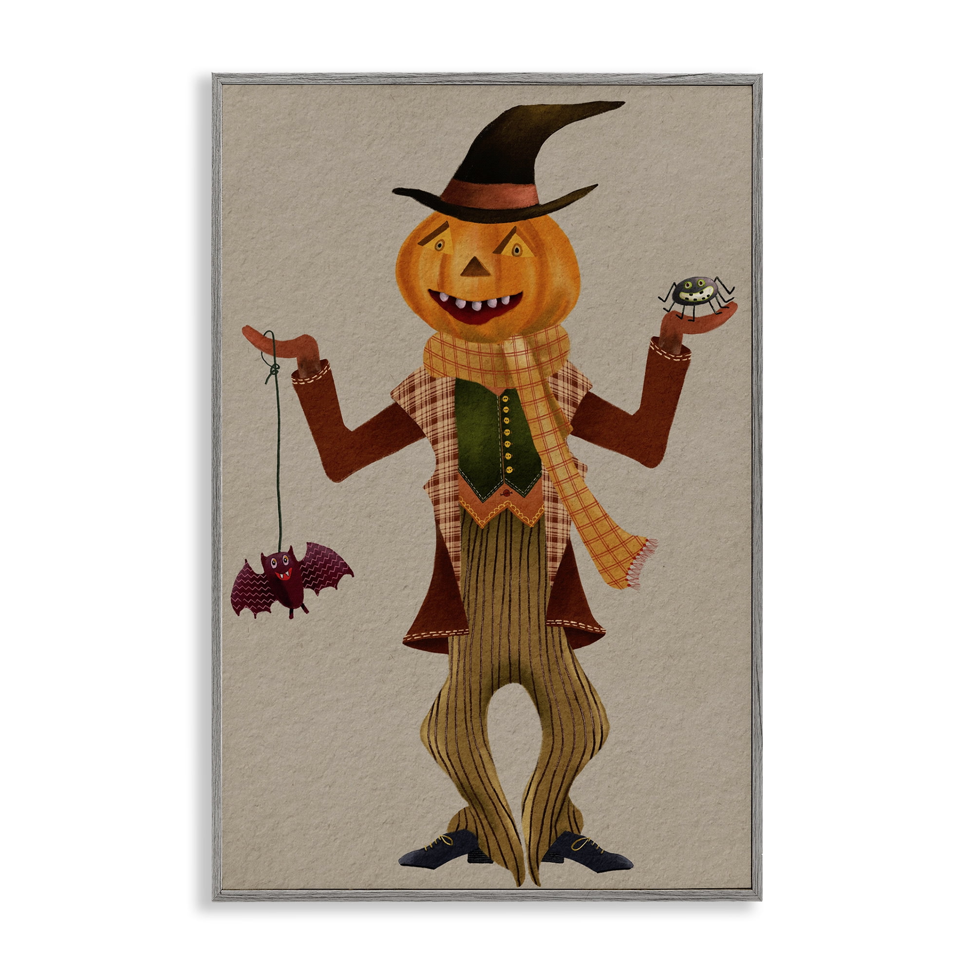 Stupell Industries Halloween Scarecrow & Bat Holiday Painting Gray Framed Art Print Wall Art, 12 x 18